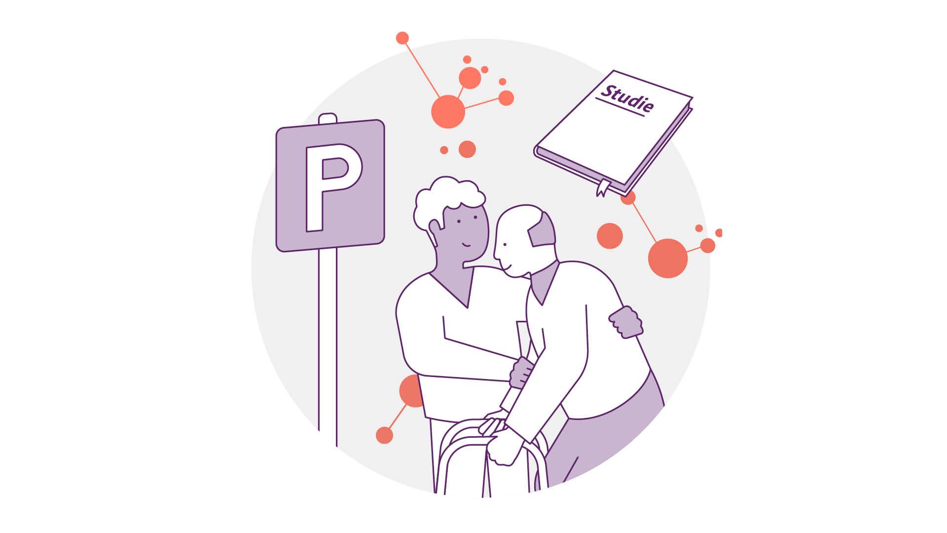 Eine Person hilft einem älteren Mann mit einem Rollator neben einem Parkschild. Im Hintergrund ist ein schwebendes Buch mit der Aufschrift „Studie“ zu sehen, umgeben von abstrakten orangen Punkten und Verbindungen, die Forschungs- oder Pflegethemen suggerieren.