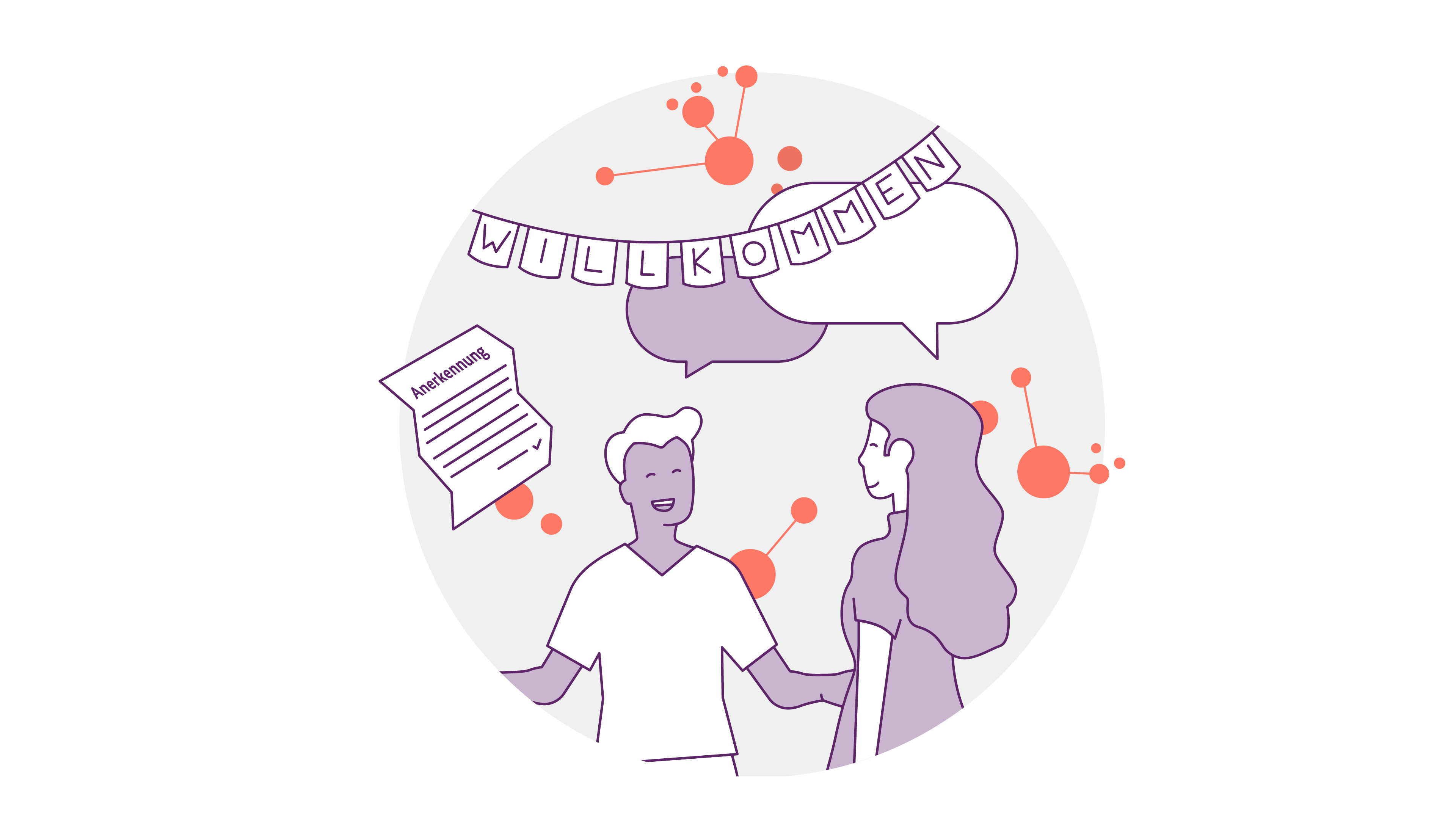 Illustration von zwei Personen, die sich unter einem Banner unterhalten, auf dem „Willkommen“ mit Sprechblasen steht. Ein Dokument mit der Aufschrift „Anerkennung“ schwebt daneben vor einem Hintergrund aus abstrakten orangefarbenen und violetten Formen.