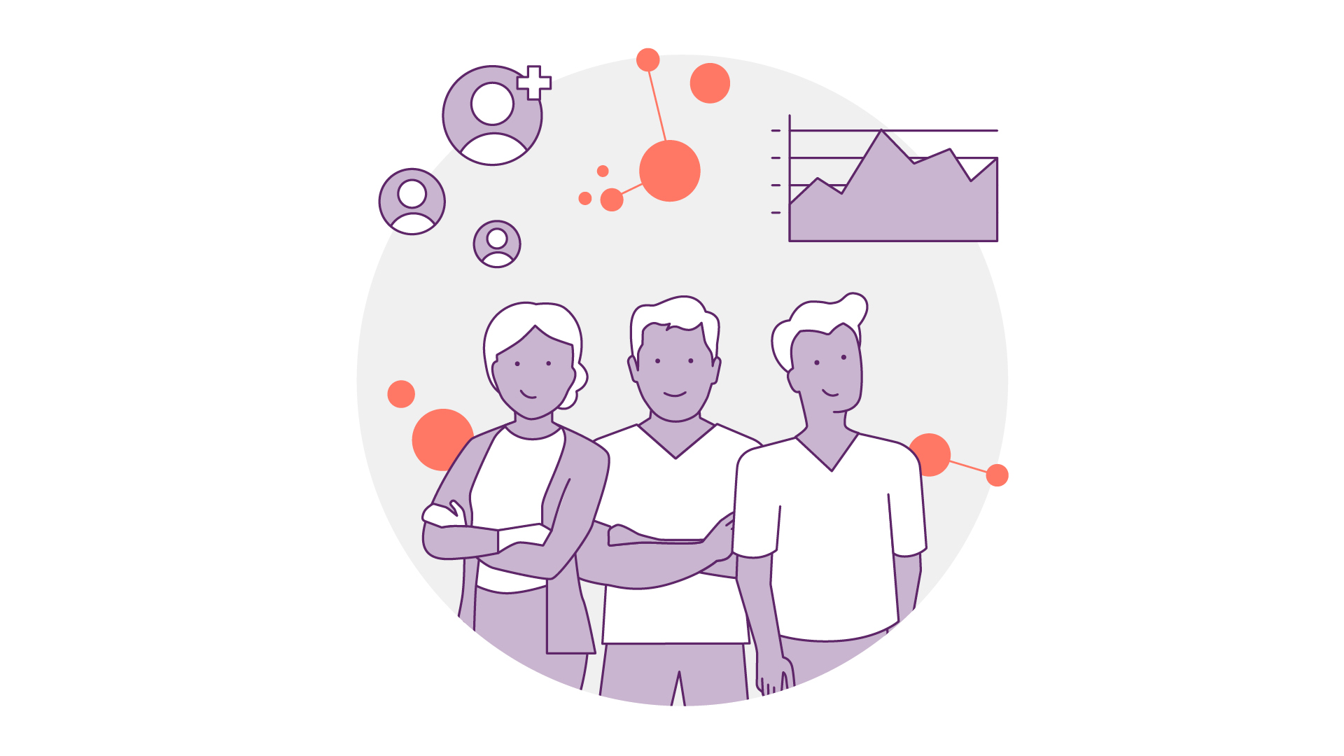 Abbildung von drei zusammenstehenden Personen mit miteinander verbundenen Kreisen, Benutzersymbolen und einem Liniendiagramm. Die Designelemente deuten auf Teamarbeit, Datenanalyse und Vernetzung hin. Das Farbschema ist Lila und Orange auf hellem Hintergrund.
