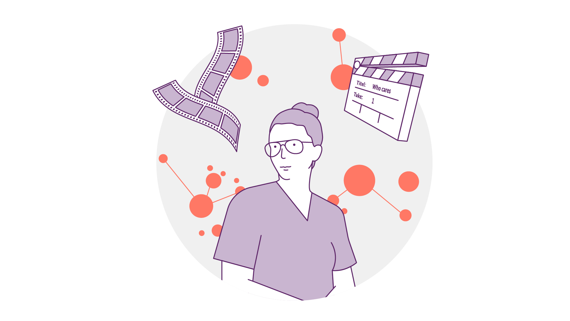 Illustration einer Person mit Brille und Dutt, umgeben von Filmstreifen, einer Filmklappe und rot-orangen Kreisen und Linien auf grauem Hintergrund. Die Person trägt ein lila Hemd.