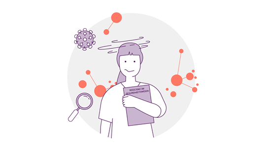 Illustration einer Person, die ein Buch mit dem Titel „Resilienz im Gesundheitswesen“ hält, mit einem Wirbeleffekt um ihren Kopf, umgeben von wissenschaftlichen Symbolen wie einem Virus, einer Lupe und Molekülstrukturen, alle in Lila- und Orangetönen.