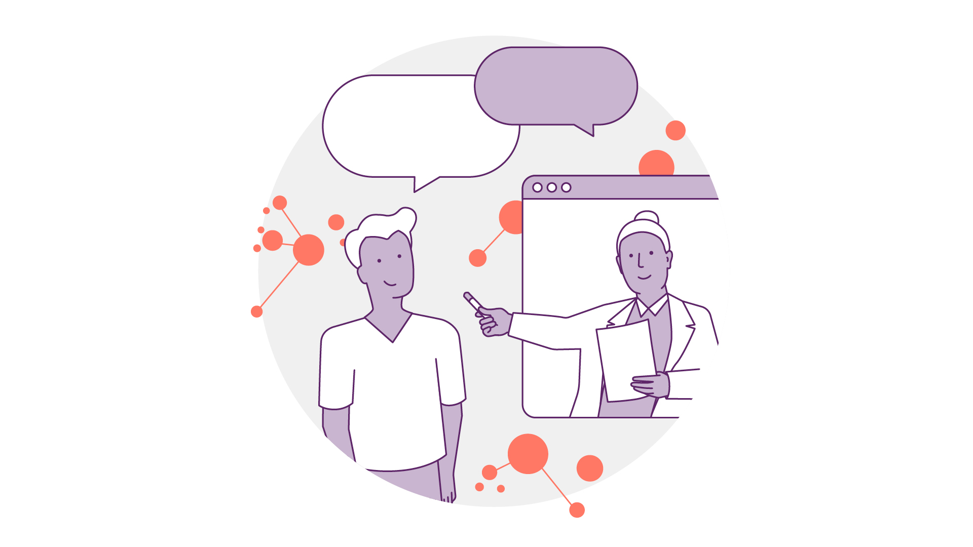 Eine Illustration eines virtuellen Meetings. Eine Person in einem Chatfenster gestikuliert, während sie ein Blatt Papier hält, und blickt einer anderen Person vor dem Fenster zu. Darüber sind zwei Sprechblasen zu sehen, mit orangefarbenen und grauen abstrakten Punkten im Hintergrund.