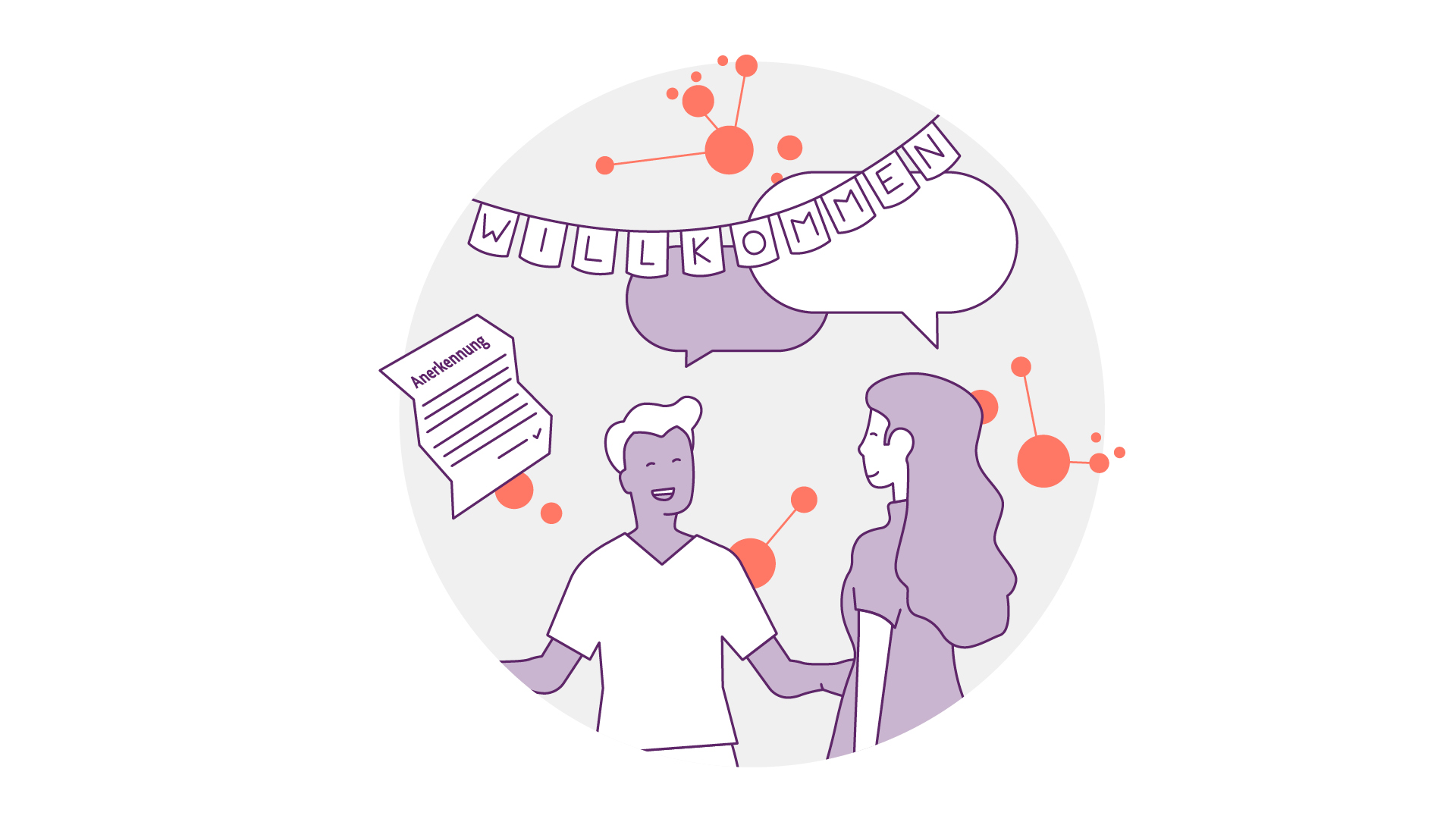 Eine Illustration von zwei Personen, die sich unter einem „Willkommen“-Banner unterhalten. Eine Person hält ein Dokument mit dem Titel „Anerkennung“. Sie sind von Sprechblasen und abstrakten orangefarbenen Formen umgeben, die ein einladendes oder lehrreiches Gespräch suggerieren.