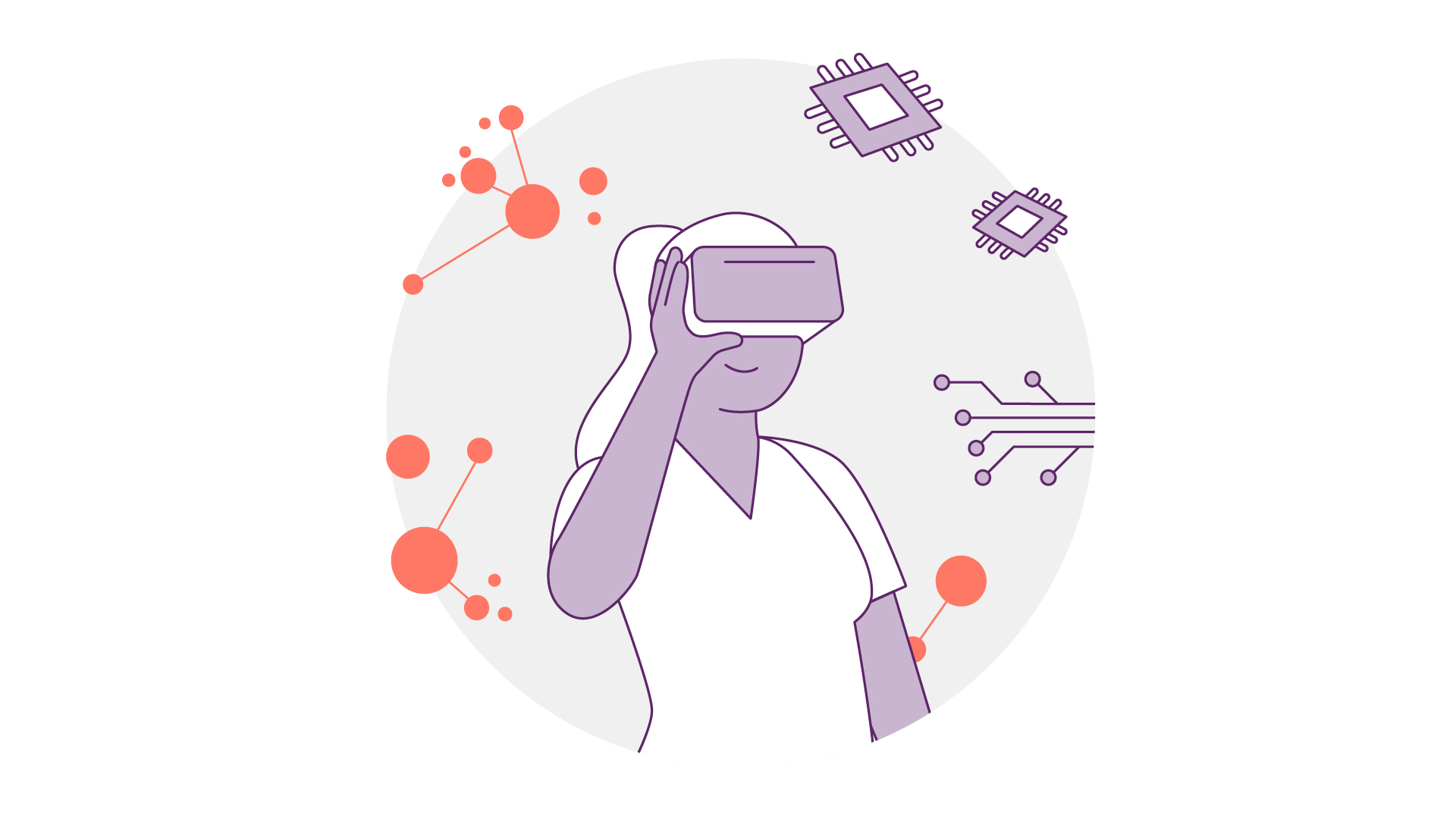Abbildung einer Frau, die ein Virtual-Reality-Headset trägt, umgeben von abstrakten orangefarbenen Kreisen und violetten Computerchip-Symbolen, die Technologie und Konnektivität symbolisieren. Der Hintergrund ist ein weicher grauer Kreis.