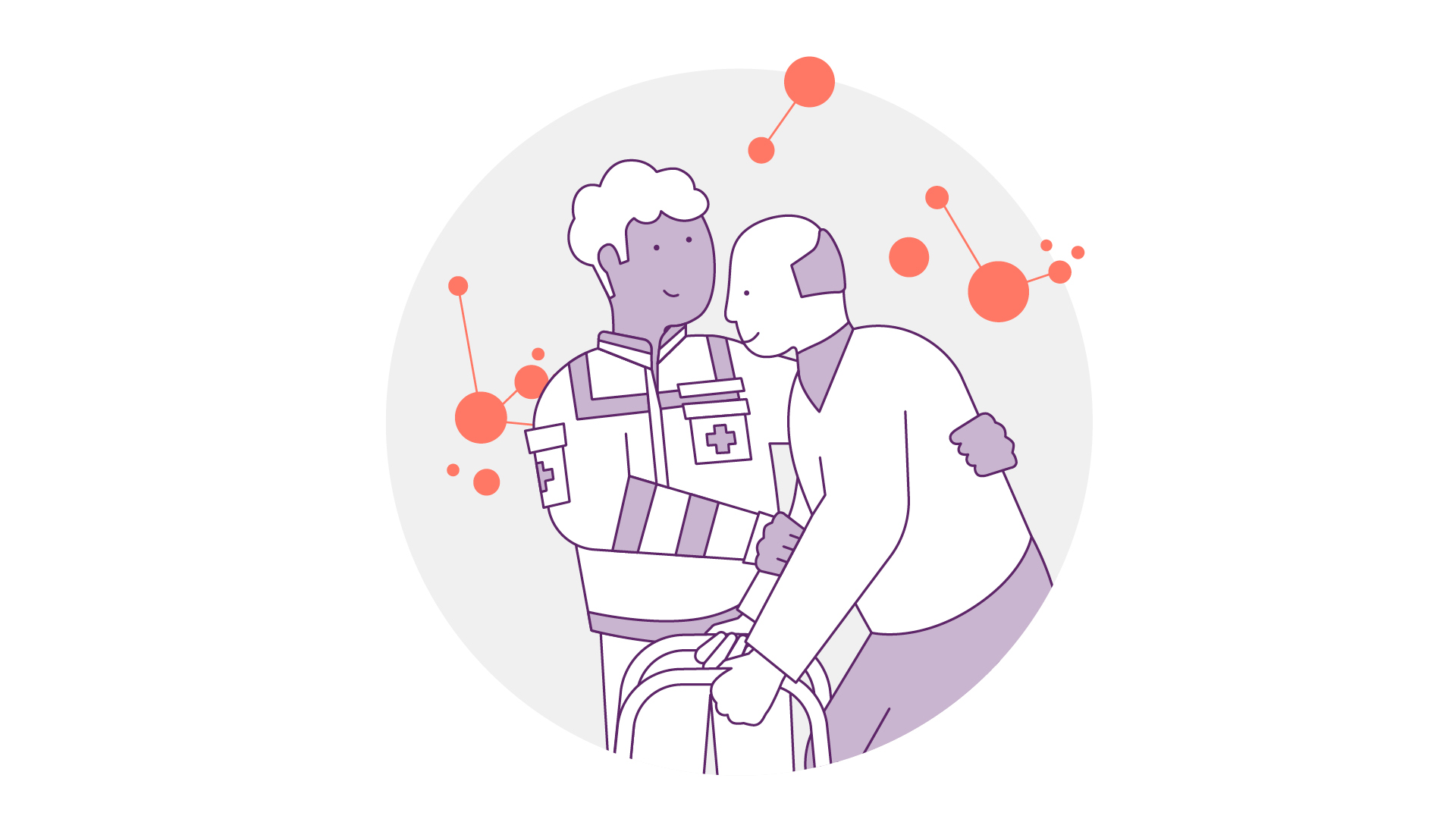 Illustration eines Rettungssanitäters in Uniform, der einem älteren Mann mit einem Gehstock hilft. Sie umarmen sich und symbolisieren so Fürsorge und Unterstützung, mit abstrakten orangefarbenen Kreisen und Linien im Hintergrund.