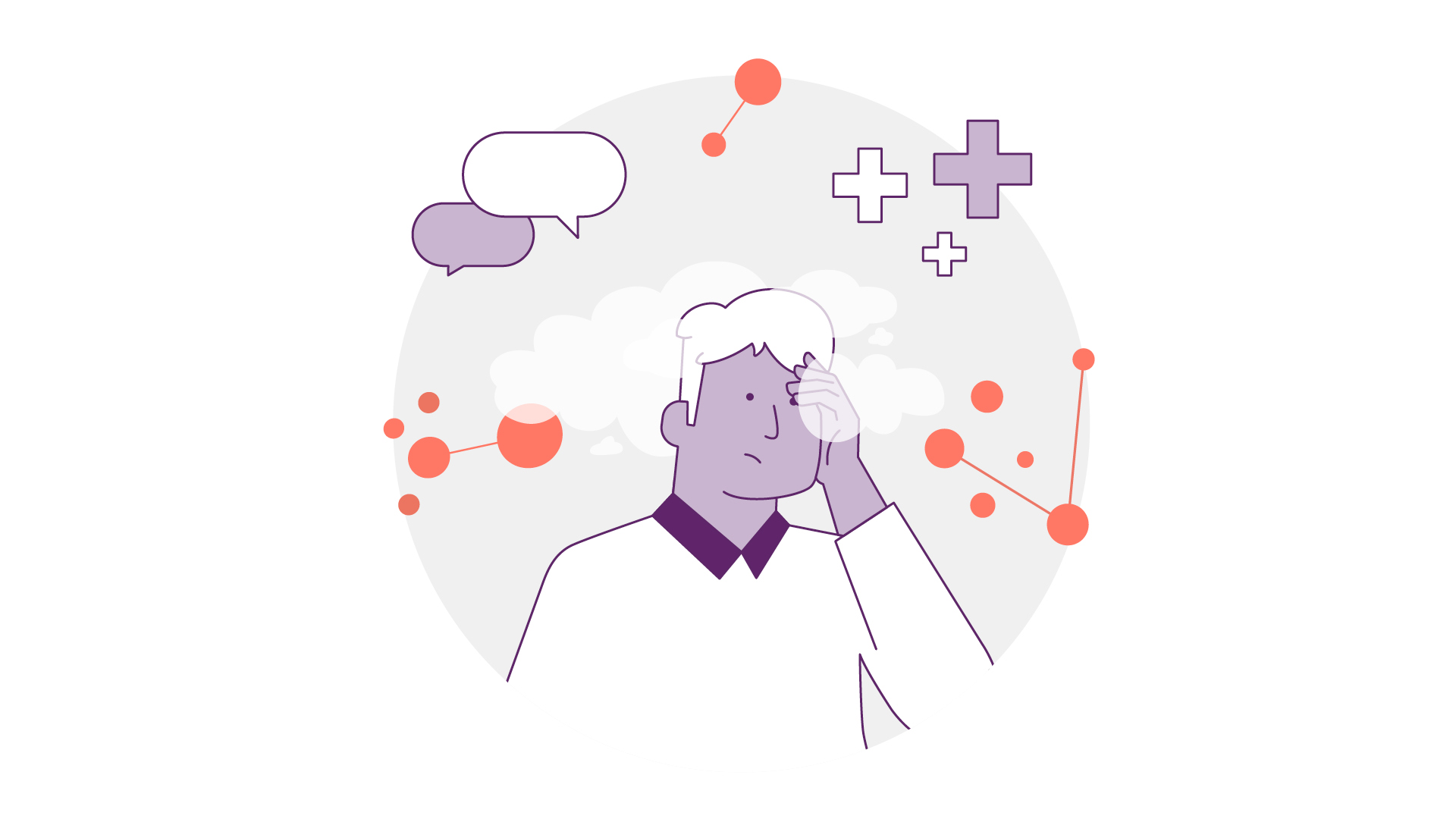 Abbildung einer Person mit nachdenklichem Gesichtsausdruck, die Hand auf dem Gesicht. Um sie herum sind Sprechblasen, Pluszeichen und Verbindungslinien und -kreise, die Problemlösung oder Kontemplation suggerieren. Die Farben sind in Lila- und Orangetönen gehalten.