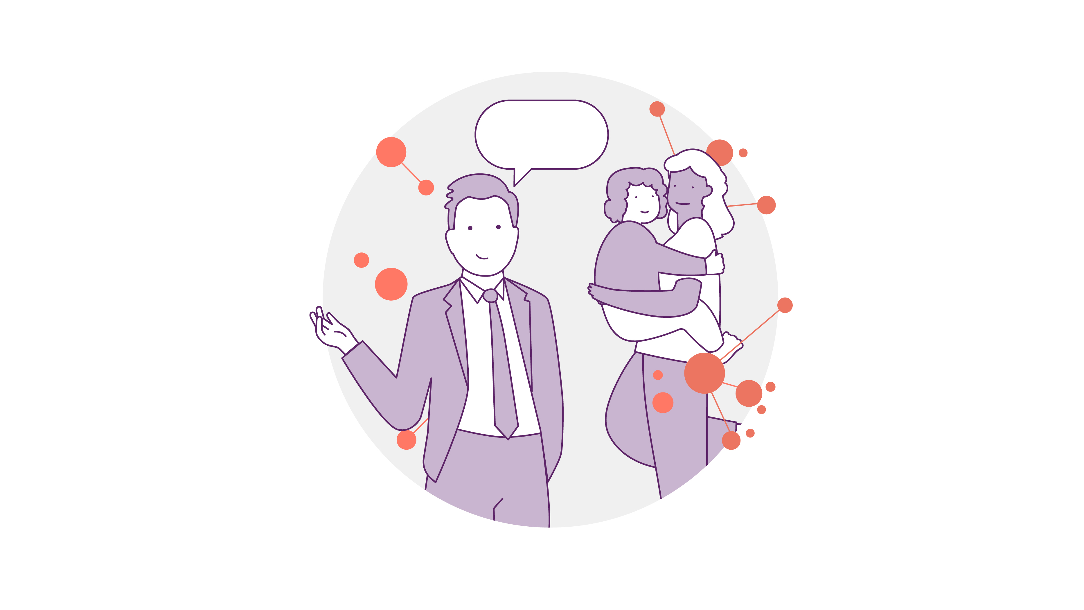 Illustration eines Mannes im Anzug mit einer leeren Sprechblase, der neben einem sich umarmenden Mutter mit Kind gestikuliert. Verschiedene orangefarbene Kreise und abstrakte Linien umgeben sie vor einem hellgrauen Hintergrund.