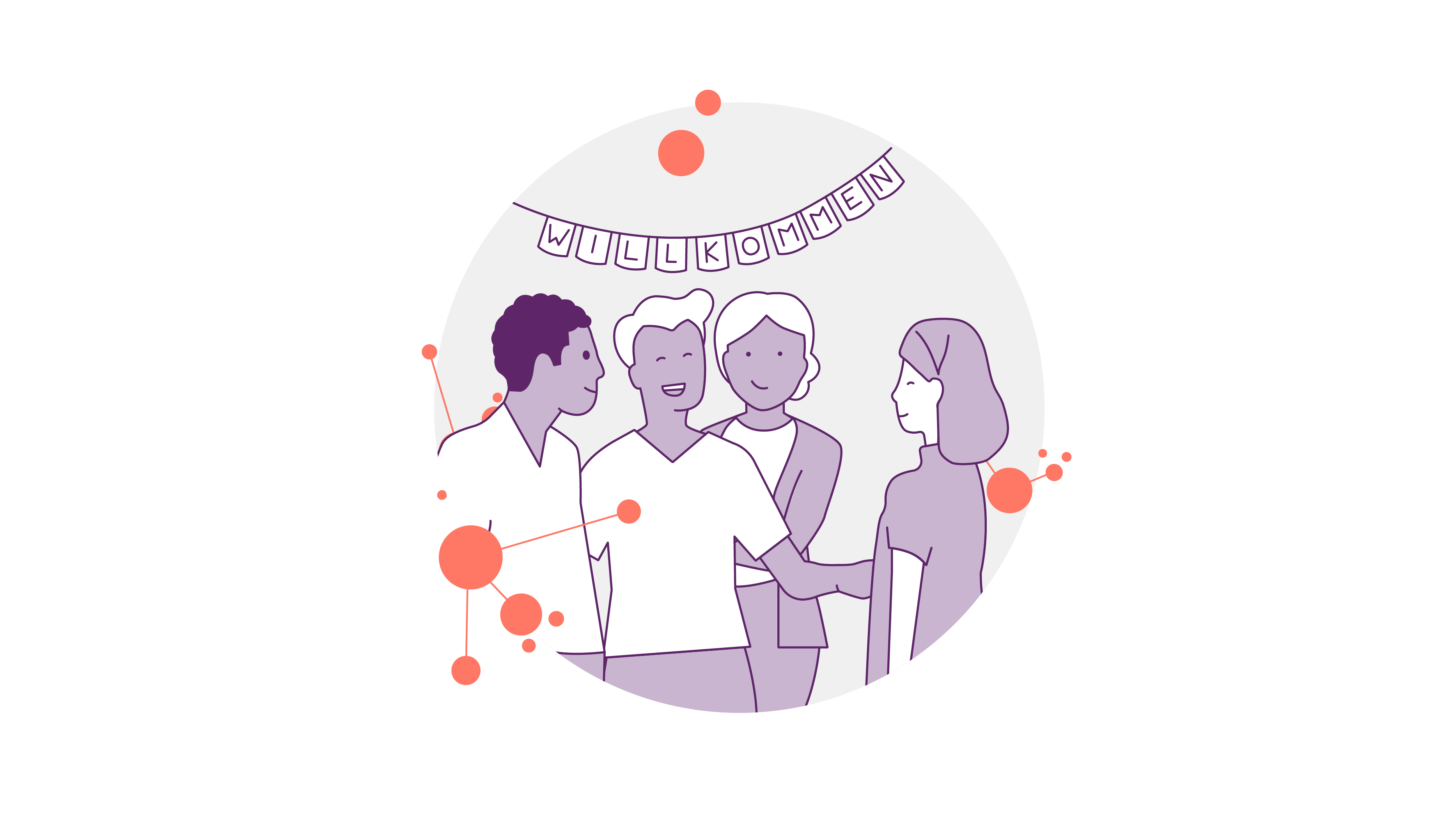 Illustration von vier unterschiedlichen Menschen, die lachen und sich unter einem Banner mit der Aufschrift „Willkommen“ unterhalten. Der Hintergrund besteht aus abstrakten orangefarbenen und roten Kreisen und Punkten, die eine einladende und freundliche Atmosphäre schaffen.