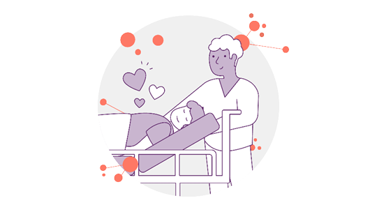 Abbildung eines Pflegers, der neben einer Person steht, die in einem Krankenhausbett liegt. Der Pfleger lächelt.