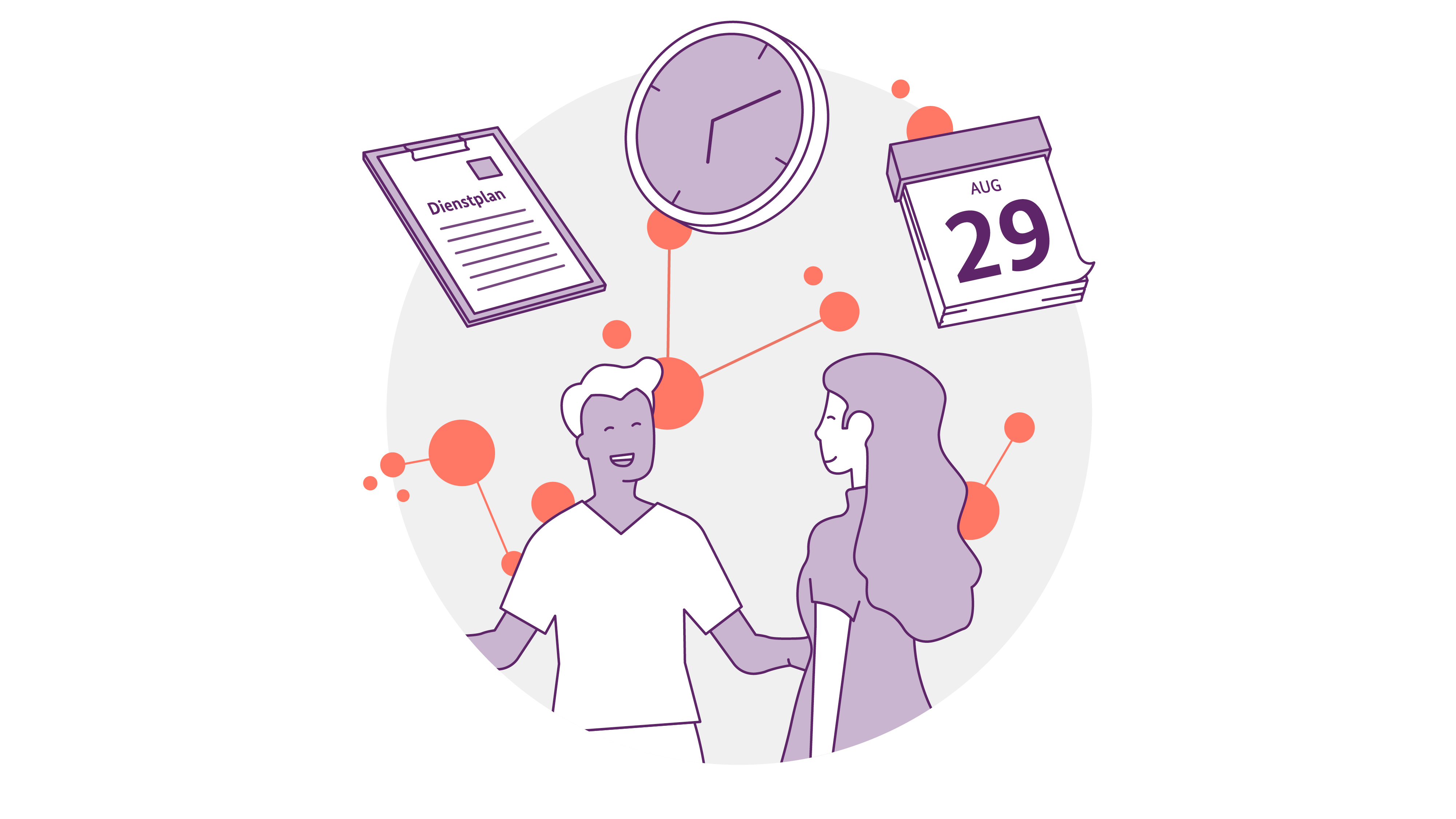 Illustration von zwei Personen, die einander gegenüberstehen und sich an den Händen halten, umgeben von Symbolen: einem Klemmbrett mit der Aufschrift „Dienstplan“, einer Wanduhr und einem Kalender mit dem 29. August vor einem Hintergrund aus miteinander verbundenen orangefarbenen Kreisen.