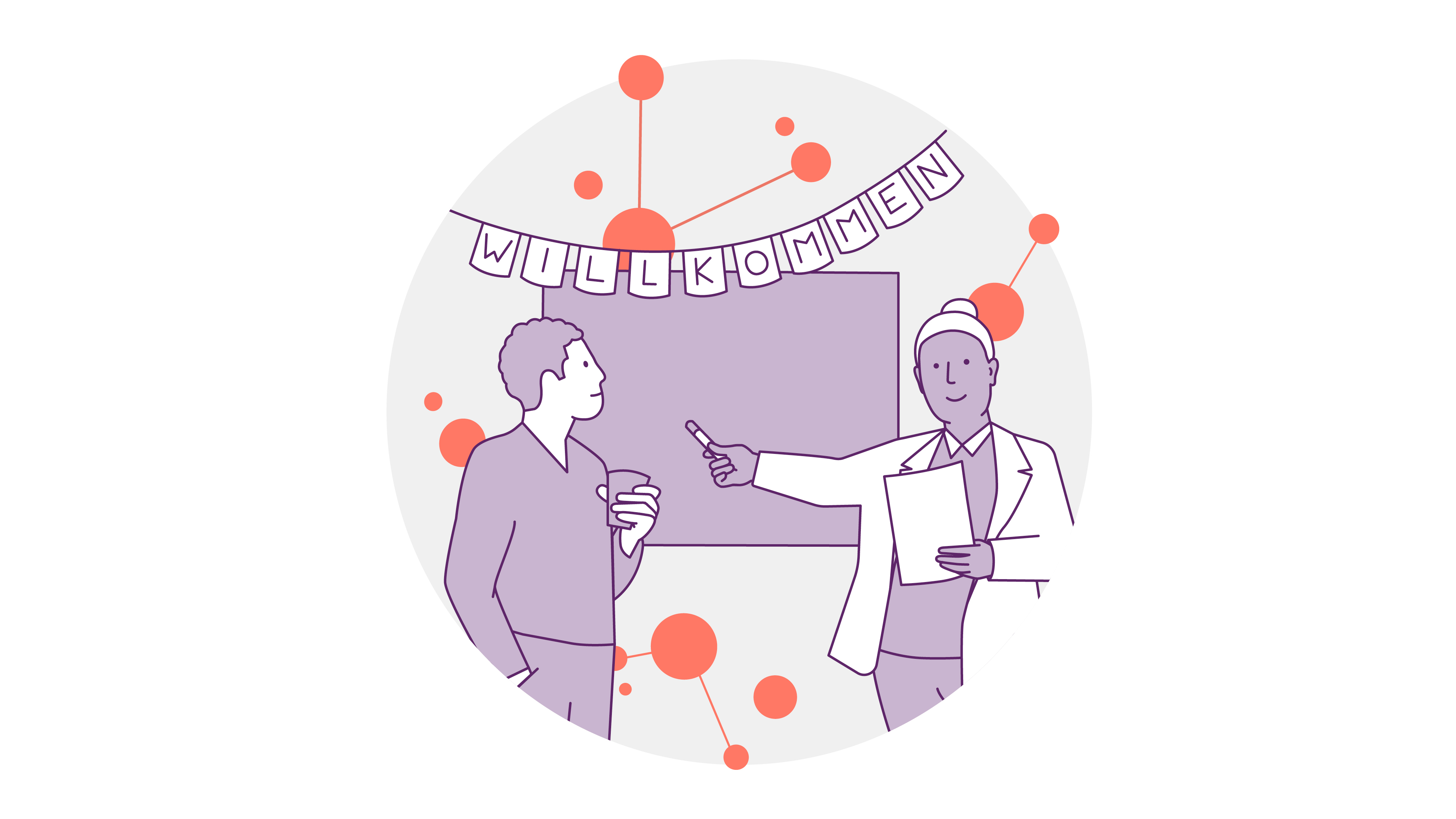 Abbildung von zwei Personen im Gespräch. Eine Person hält ein Klemmbrett und deutet auf ein schwarzes Brett. Die andere hält eine Tasse. Darüber hängt ein „WILLKOMMEN“-Banner und im Hintergrund sind orangefarbene Knoten verstreut.