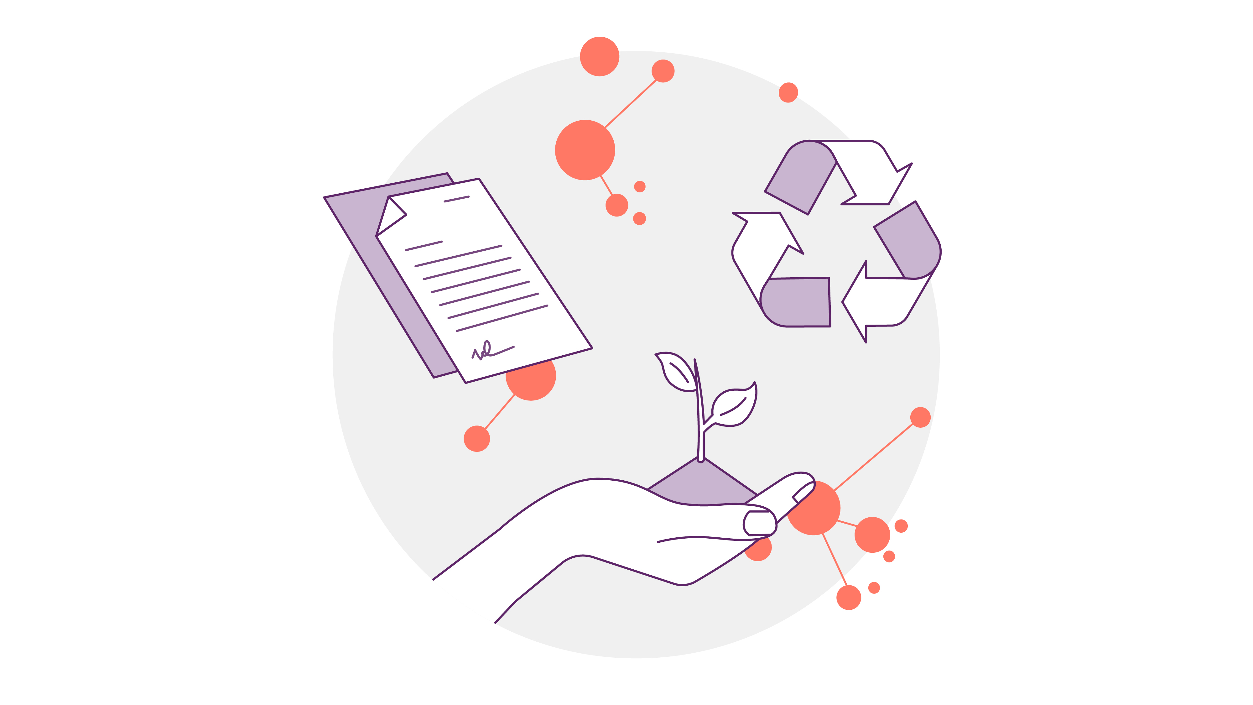 Abbildung einer Hand, die eine kleine Pflanze mit Blättern hält, neben einem Stapel Papier und einem Recycling-Symbol. Der Hintergrund zeigt orangefarbene Molekülstrukturen auf einem hellgrauen Kreis.