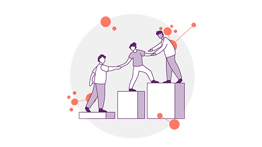 Illustration von drei Personen, die sich gegenseitig beim Erklimmen einer Reihe steigender Blöcke helfen. Die Figuren sind in Lila- und Rosatönen gezeichnet, mit abstrakten rosa Kreisen und Linien im Hintergrund.