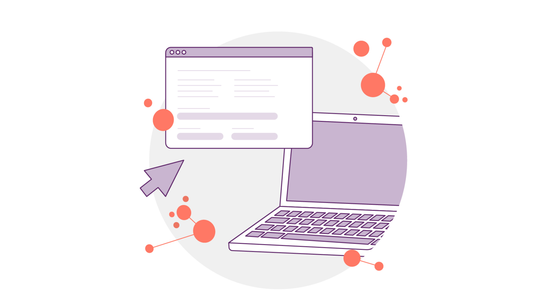 Abbildung eines Laptops mit einem schwebenden Webbrowserfenster und einem Pfeilcursor. Die Szene wird durch orangefarbene geometrische Formen und Punkte vor einem hellgrauen kreisförmigen Hintergrund hervorgehoben.