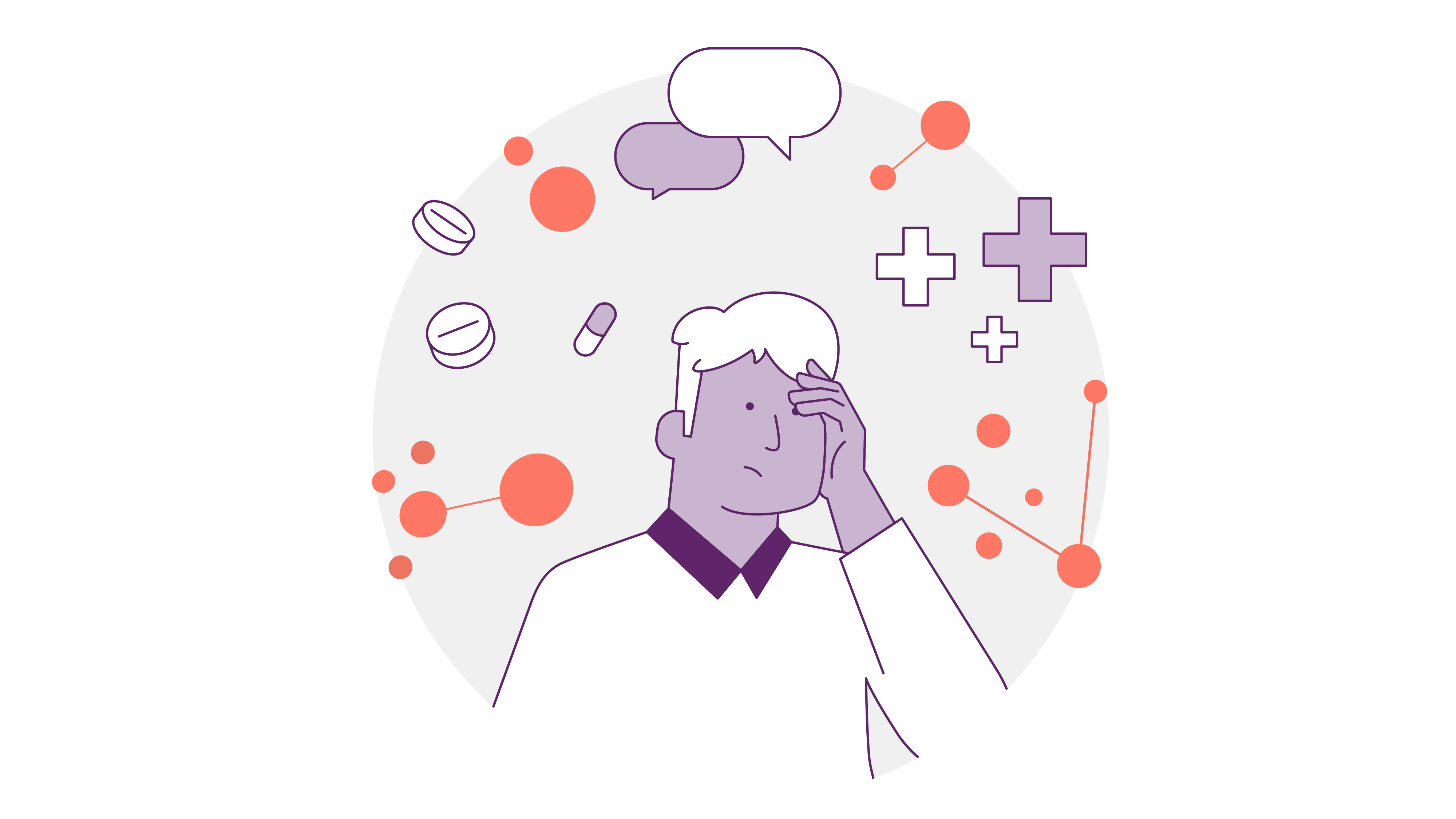 Illustration einer Person, die mit schmerzverzerrtem Gesichtsausdruck ihren Kopf hält, umgeben von Pillen, Sprechblasen und medizinischen Symbolen, die Unbehagen oder ein gesundheitliches Problem suggerieren. Der Hintergrund besteht aus abstrakten Kreisen und Linien.