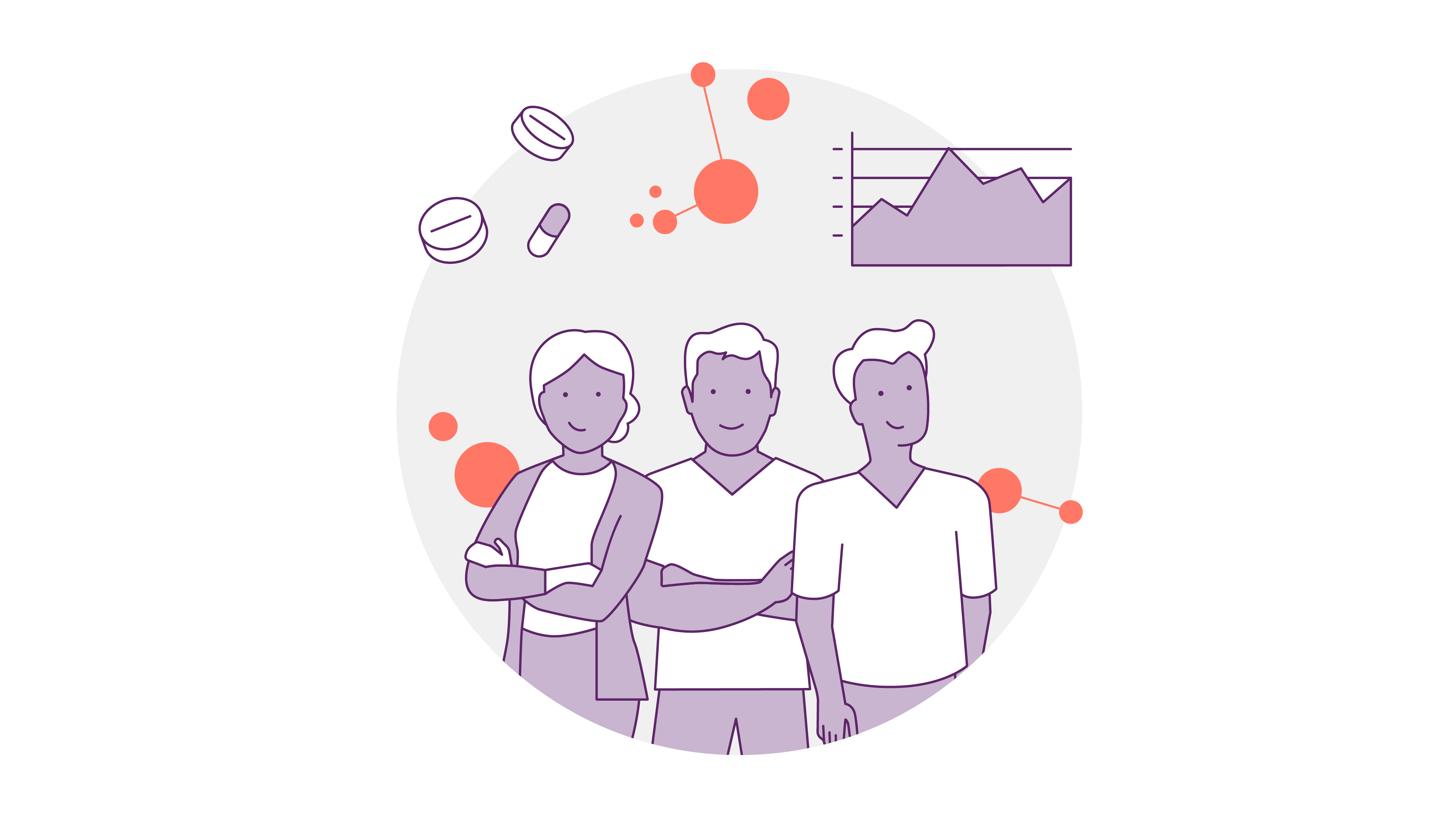 Illustration von drei zusammenstehenden Personen, umgeben von abstrakten orangefarbenen Kreisen. Über ihnen befinden sich ein Diagramm und verschiedene Tabletten-Symbole, was auf ein medizinisches oder wissenschaftliches Thema hindeutet. Das Design hat einen minimalistischen, monochromen Stil.