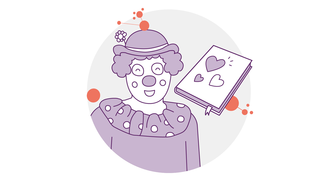 Illustration eines Clowns mit einer Blume auf dem Hut und einem Rüschenkragen, der neben einem schwebenden Tagebuch mit Herzsymbolen auf dem Cover lächelt.