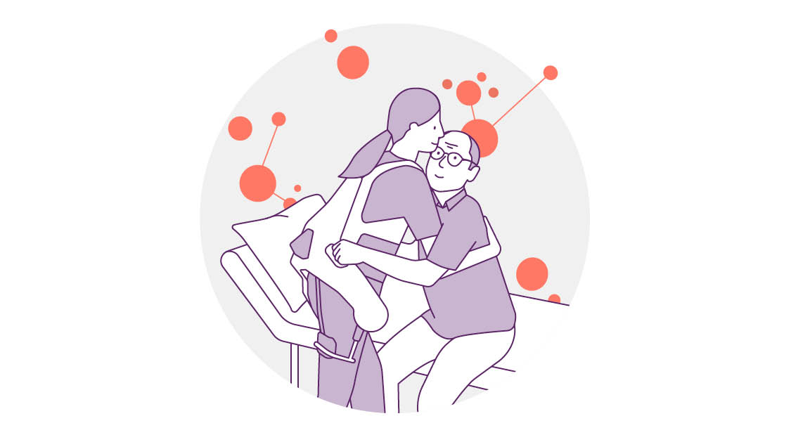 Illustration einer Pflegerin, die einem Patienten vom Bett aufstehen hilft. Sie sind umgeben von abstrakten orangefarbenen Kreisen. Die Figuren sind violett umrandet und vermitteln eine warme und hilfsbereite Stimmung.
