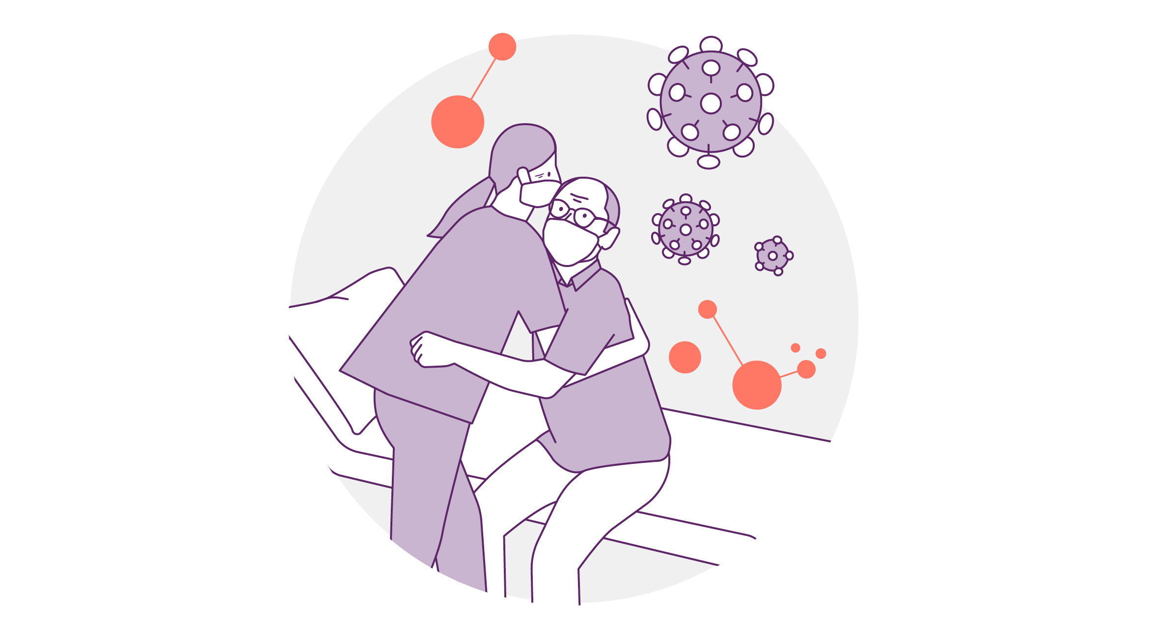 Abbildung von zwei Personen mit Masken, von denen eine sitzt und die andere mit einer tröstenden Geste hilft. Dahinter sind stilisierte Darstellungen von Viruspartikeln zu sehen, die auf einen Gesundheits- oder Pflegekontext inmitten einer Pandemie hinweisen.