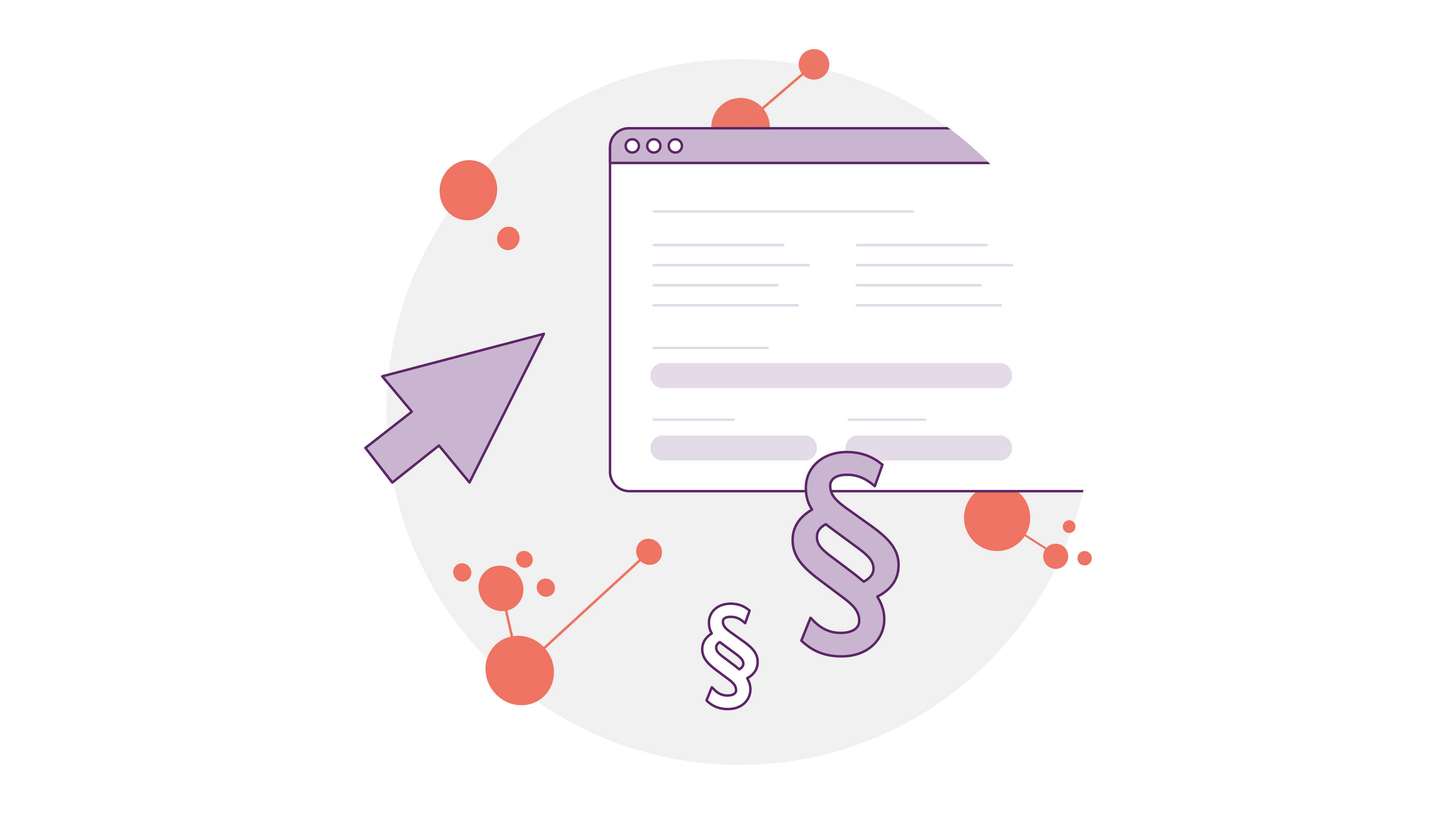 Abbildung einer Webseite mit Textzeilen, umgeben von abstrakten orangefarbenen Kreisen und Linien. Ein großer Pfeil zeigt auf die Seite, daneben zwei Gesetzsymbole, alles vor einem hellen, kreisförmigen Hintergrund.