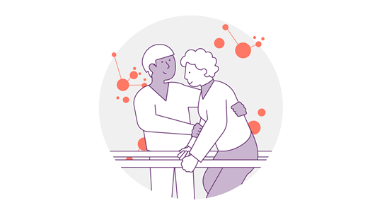 Abbildung: Ein Pfleger hilft einer älteren Person beim Gehen und nutzt dabei eine Lenkstange zur Unterstützung. Beide Figuren sind in sanften Farben umrandet, im Hintergrund sind abstrakte Kreise und Linien zu sehen.