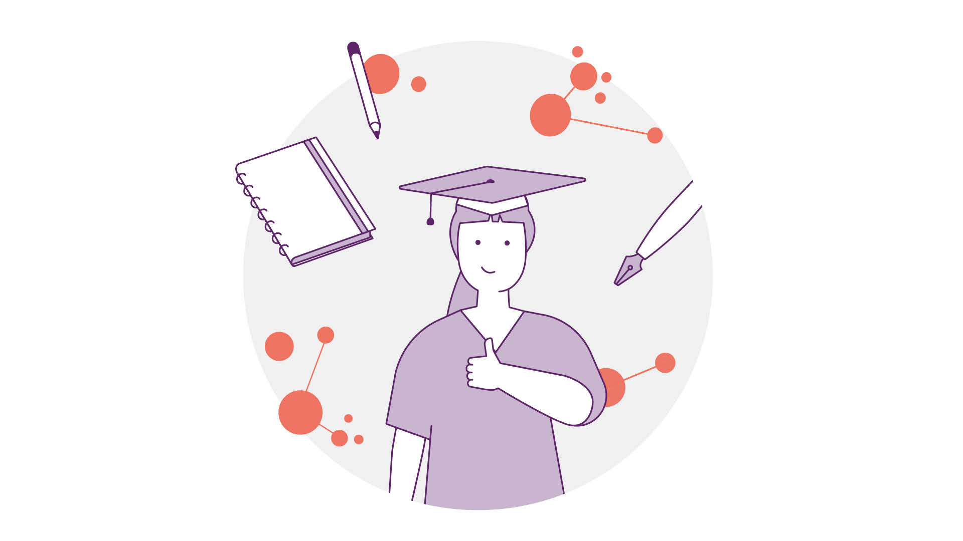 Abbildung einer Person mit Doktorhut, die den Daumen hochhält. Um sie herum schweben ein Notizbuch, ein Stift und abstrakte Molekülstrukturen, die Bildung und Wissen symbolisieren.