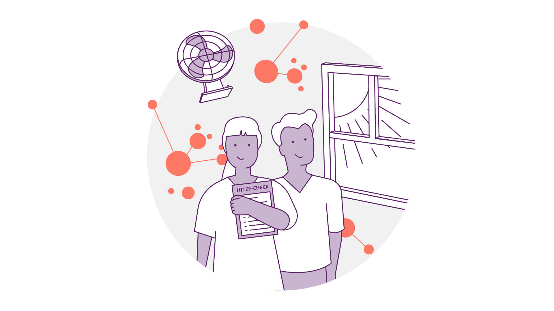 Eine Strichzeichnung von zwei Personen in einem Raum, die eine Checkliste mit der Aufschrift „WÄRMEPRÜFUNG“ halten. Sie stehen neben einem offenen Fenster, durch das Sonnenlicht hereinströmt. Im Hintergrund sind ein Globus und orangefarbene Kreise zu sehen, die durch Linien verbunden sind.