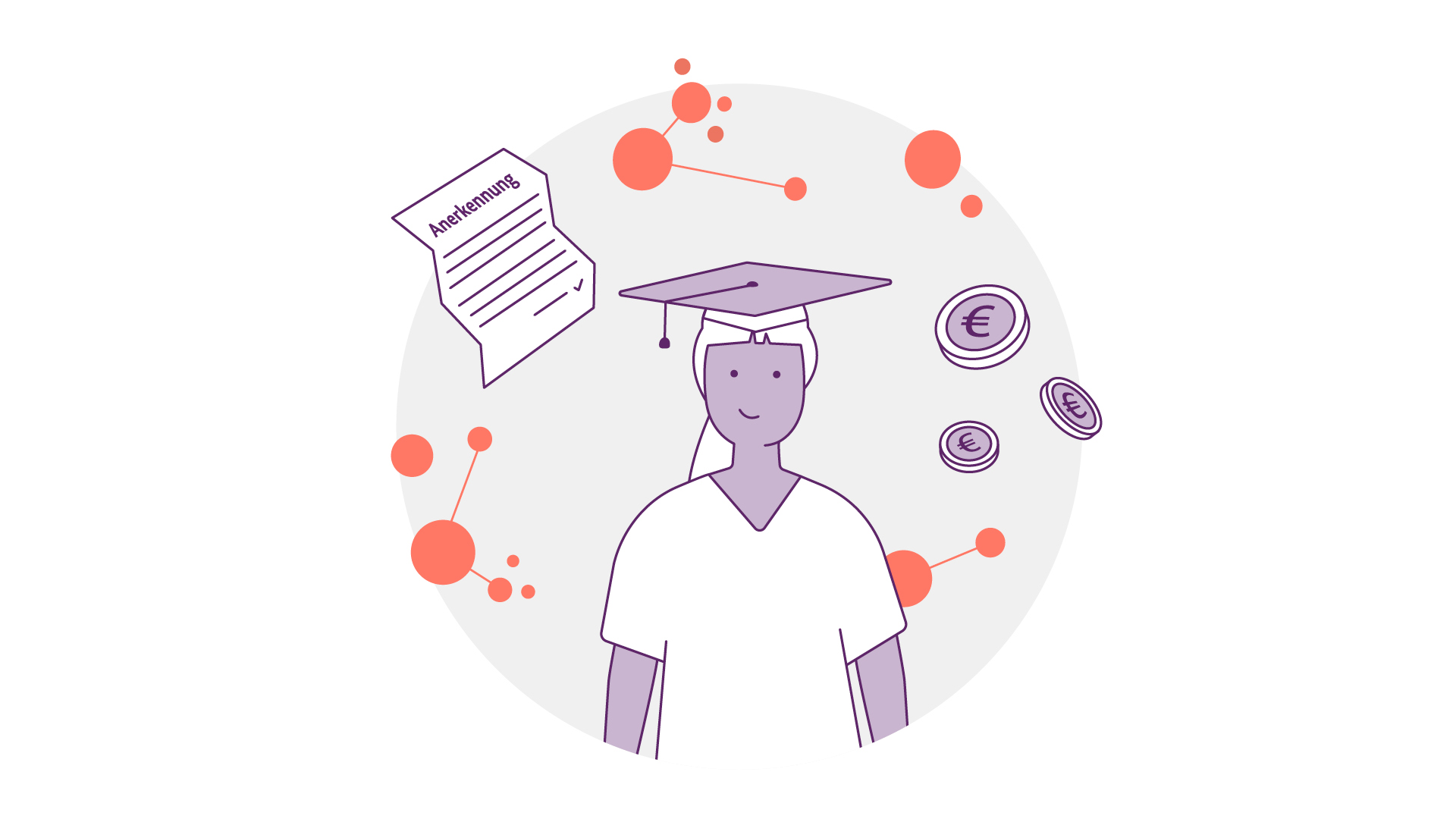 Illustration einer Person mit Doktorhut, umgeben von einer Bewerbung, Münzen mit Eurosymbolen und abstrakten orangefarbenen Kreisen.