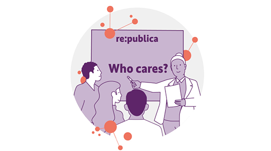 Illustration einer Person, die vor einem kleinen Publikum präsentiert. Auf einem Bildschirm steht der Text „re:publica, who cares?“. Die Szene ist von orangefarbenen Punkten und Linien umgeben, die ein verbundenes Netzwerk suggerieren.