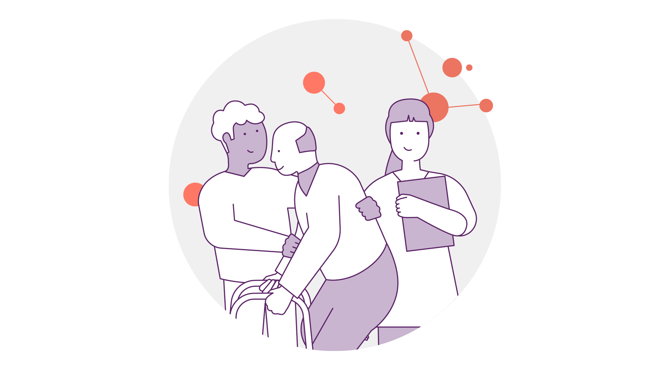 Illustration von drei Personen: eine mit kurzen Haaren hält ein Klemmbrett, eine andere tröstet eine ältere Person mit einem Stock. Abstrakte orange und rote Kreise und Linien im Hintergrund suggerieren Verbindung oder Kommunikation.
