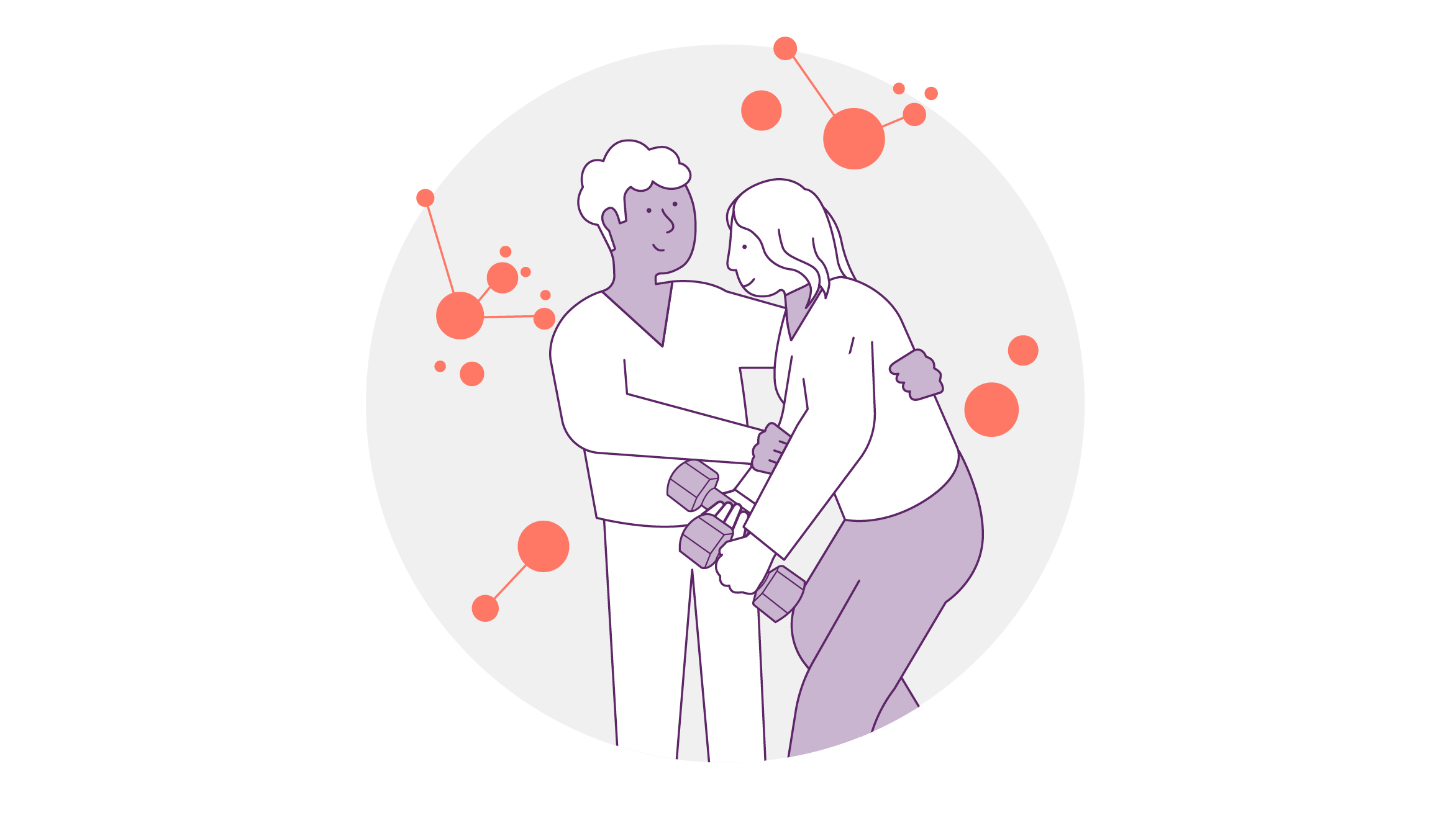 Eine Illustration von zwei Personen, die zusammen trainieren. Eine Person hilft der anderen beim Hantelheben, vor einem Hintergrund mit abstrakten roten und orangefarbenen Kreisen.