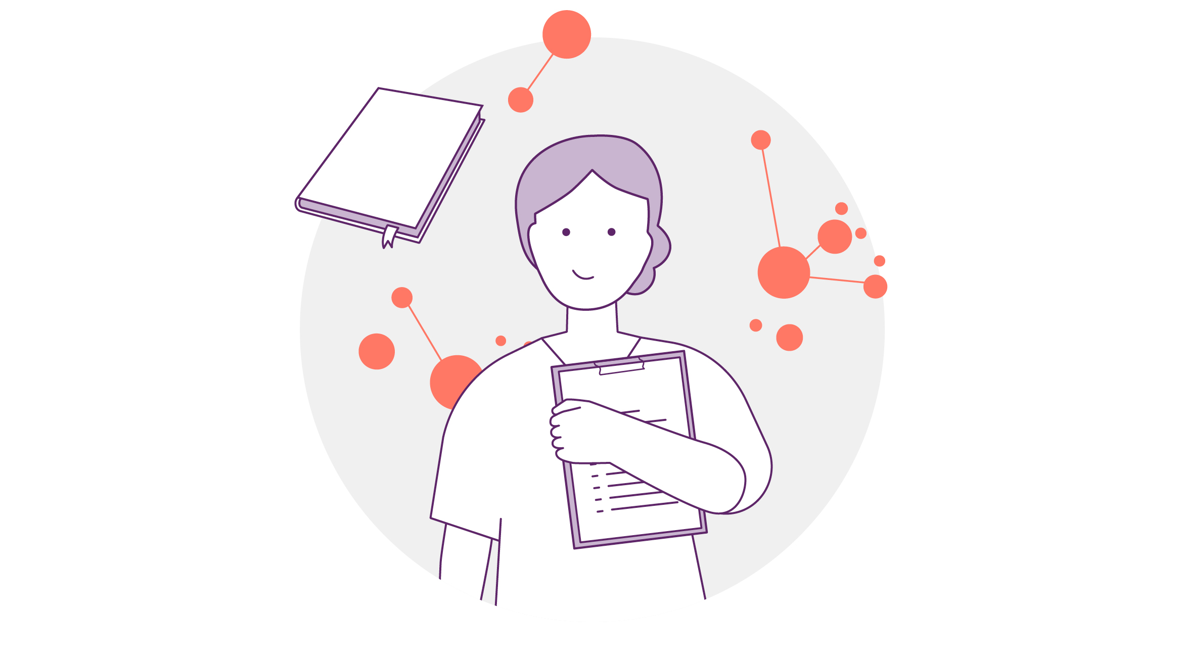 Abbildung einer Person, die ein Klemmbrett hält, mit schwebenden Büchern und orangefarbenen Netzwerkknoten im Hintergrund. Das Design verwendet einen minimalistischen Stil mit einfachen Linien und einer Pastellfarbpalette.