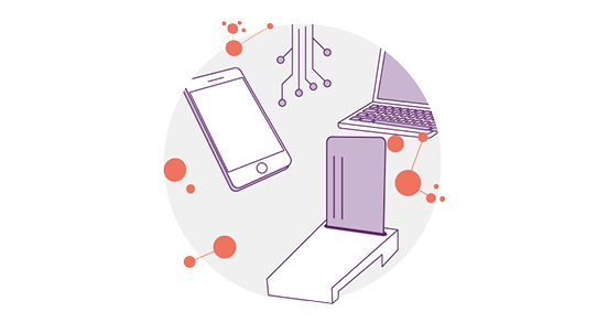 Illustration mit einem Chip-Kartenlesengerät und Smartphone sowie Laptop. Es soll Digitalisierung zeigen. Es ist im Hintergrund ein grauer Kreis und orange Netzwerkzeichen zu sehen.