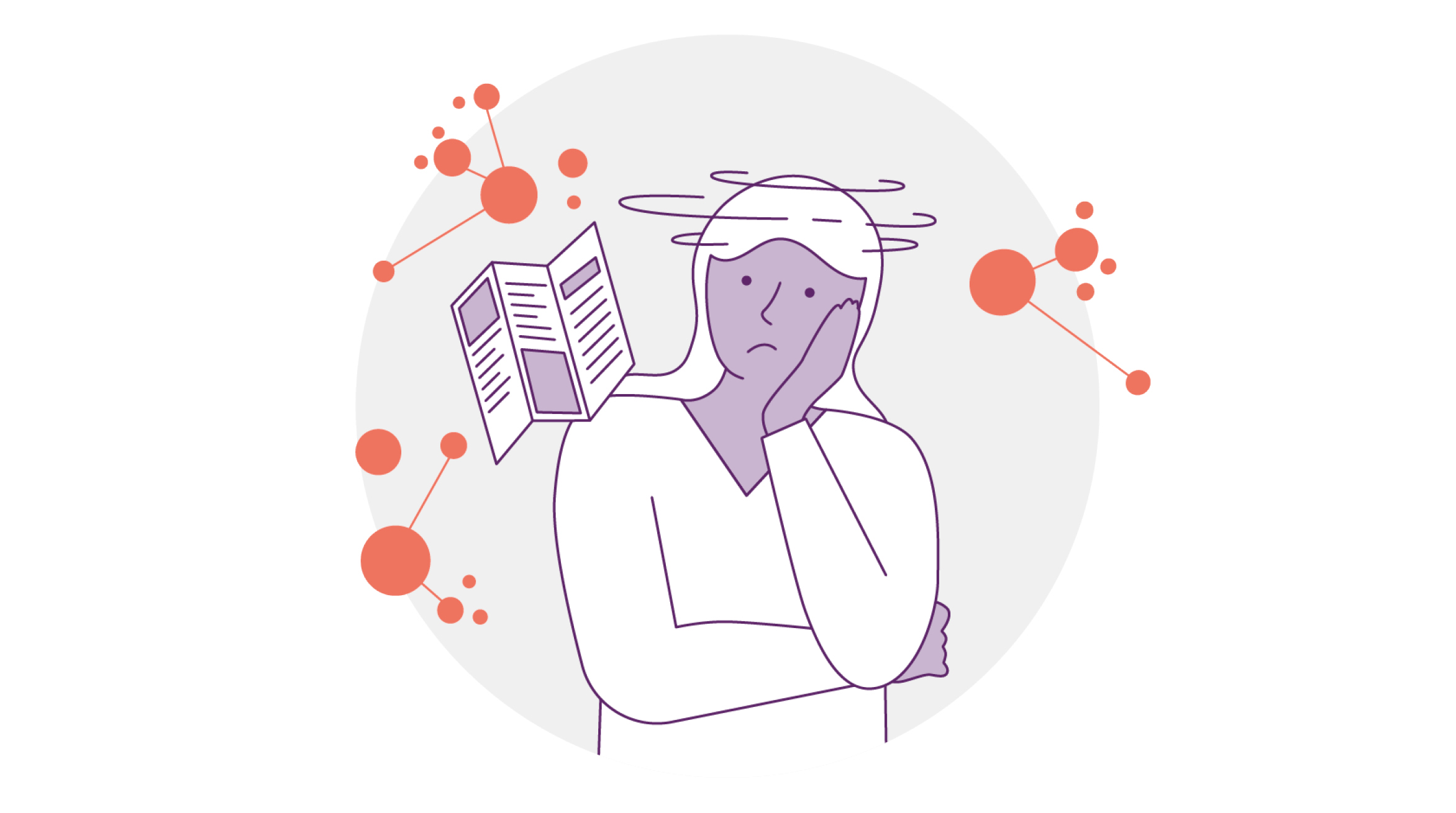 Illustration einer Person mit verwirrtem Gesichtsausdruck, die ihren Kopf auf eine Hand stützt. Ein schwebendes Buch und wirbelnde Linien um ihren Kopf suggerieren Verwirrung. Der Hintergrund zeigt abstrakte rote Kreise und Linien.