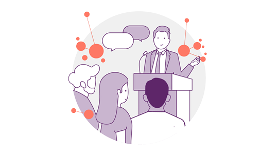 Illustration einer Person, die an einem Podium spricht und sich an ein Publikum mit drei Personen wendet. Sprechblasen und abstrakte orange Formen umgeben die Figuren und suggerieren Kommunikation und Ideen.