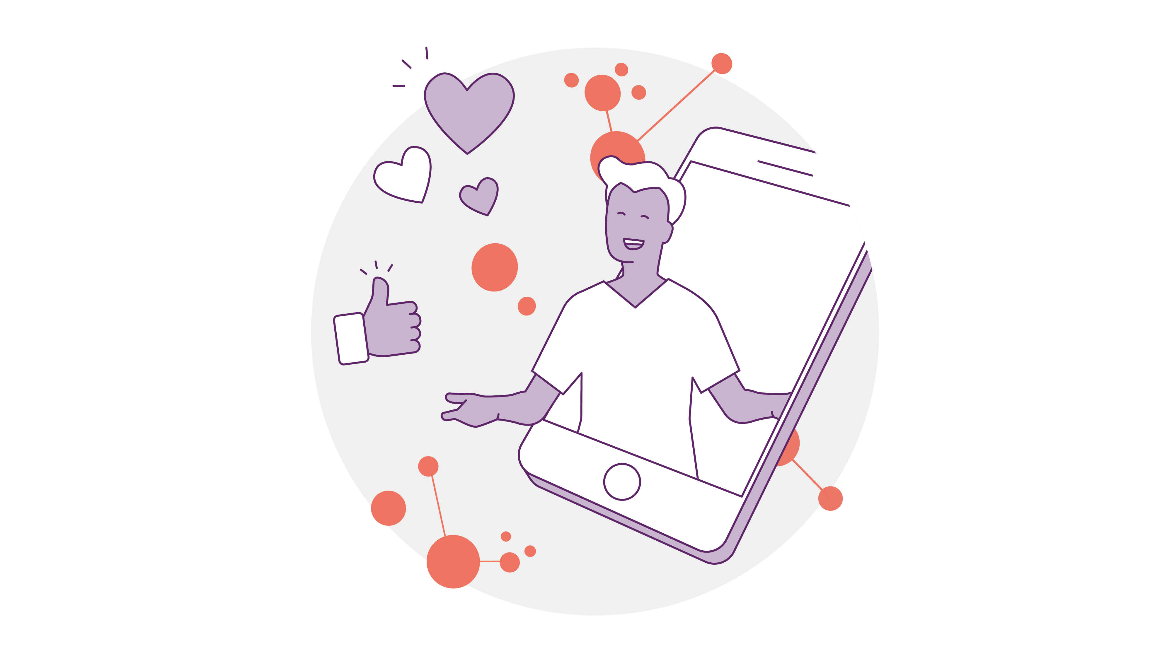 Illustration einer Person, die aus einem Smartphone-Bildschirm auftaucht, umgeben von Herzsymbolen und einem Daumen-hoch-Symbol. Der Hintergrund besteht aus abstrakten Kreisen und Verbindungslinien.