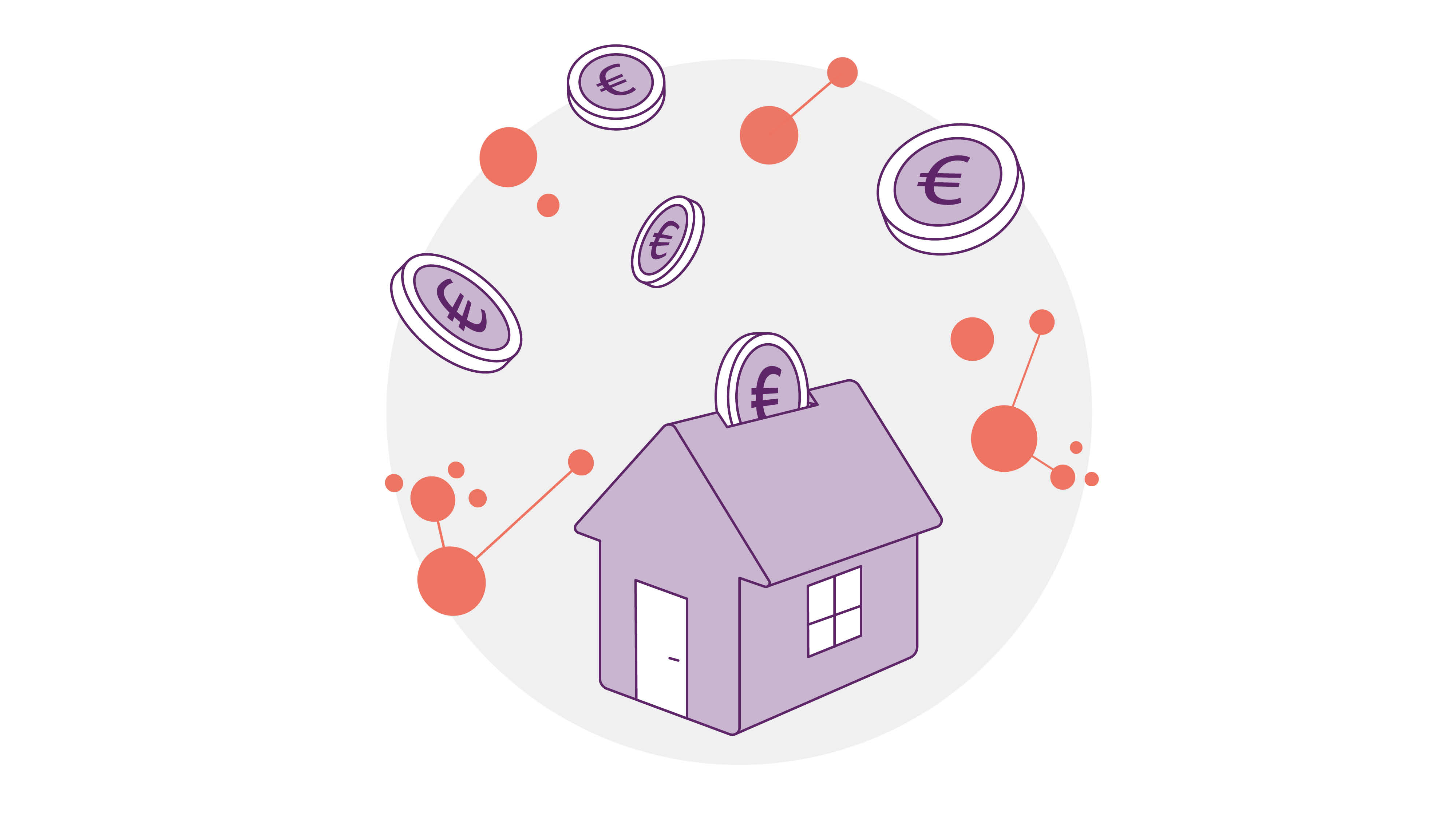 Illustration eines violetten Hauses, um das herum Euromünzen schweben. Die Münzen haben unterschiedliche Währungssymbole. Im Hintergrund sind orangefarbene Molekülformen zu sehen, die an finanzielle oder wirtschaftliche Konzepte erinnern.