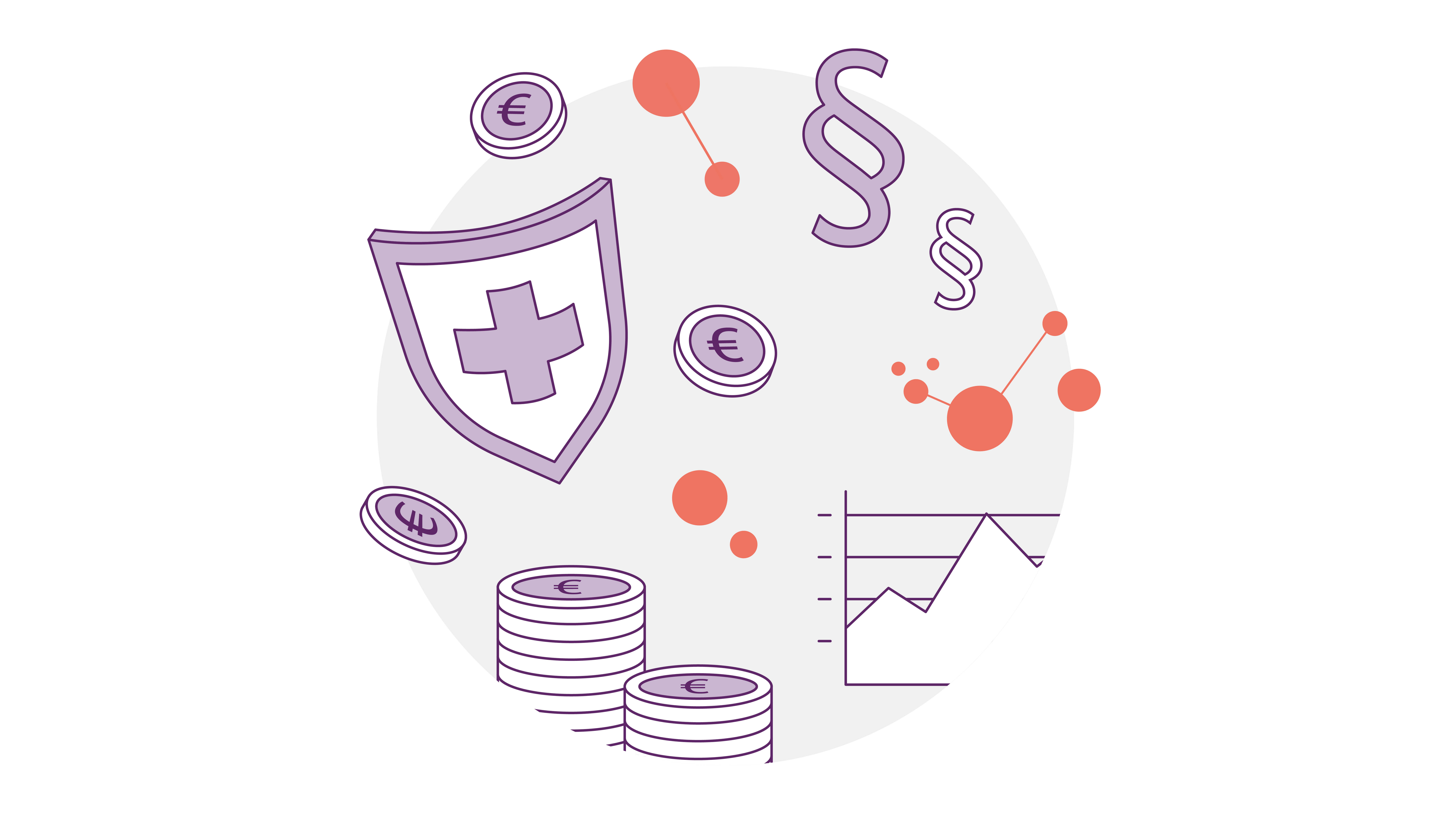 Die Abbildung zeigt ein Schild mit einem Kreuz, gestapelte Münzen, Eurosymbole, Schilder aus dem Rechtsbereich und ein Diagramm mit Datenpunkten, die die Bereiche Finanzen, Gesundheitswesen und Recht darstellen.