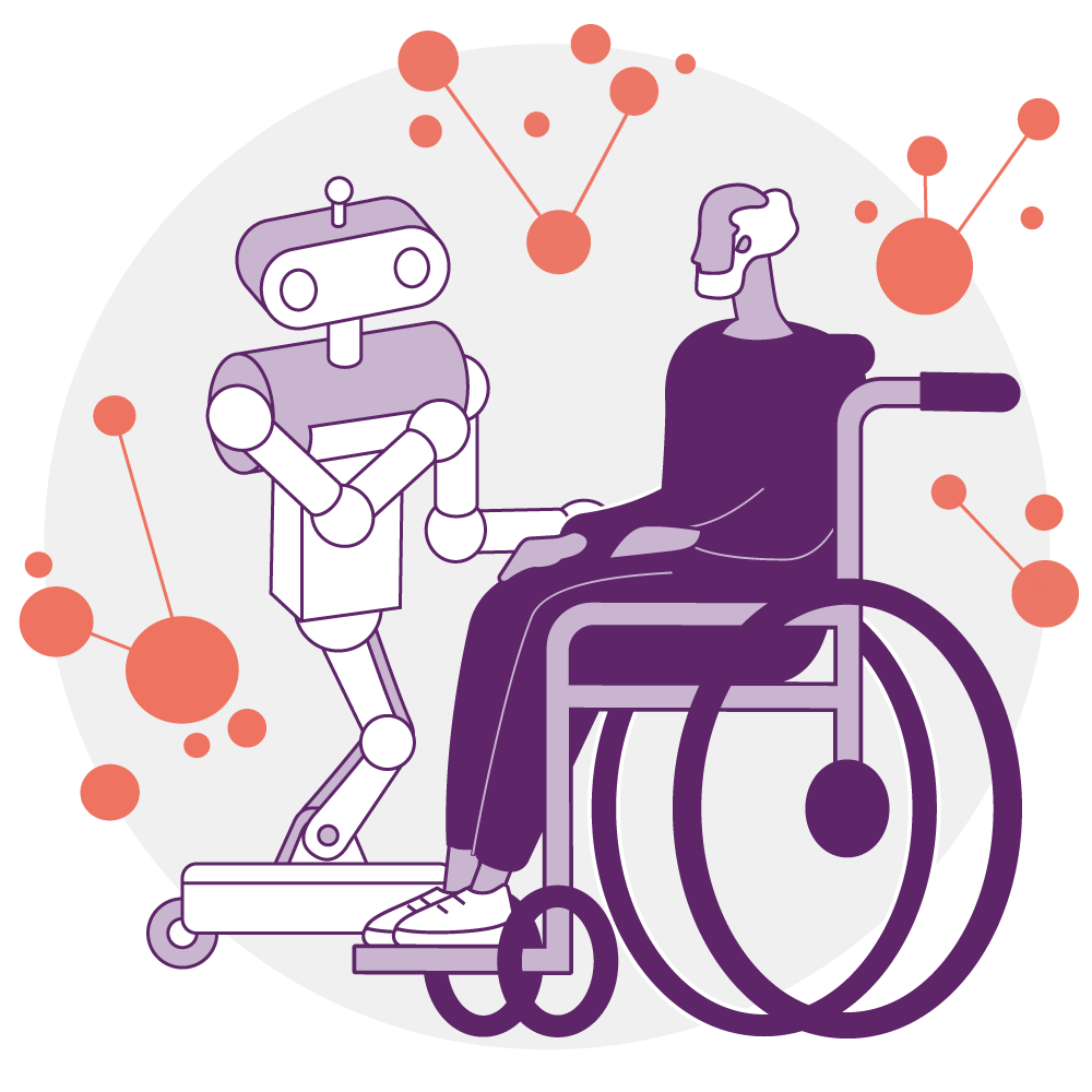 Vor einem Hintergrund aus verbundenen Punkten und Linien interagiert ein Roboter mit einer Person im Rollstuhl. Die Illustration ist in Lila- und Orangetönen gehalten und symbolisiert Technologie und menschliche Verbindung.