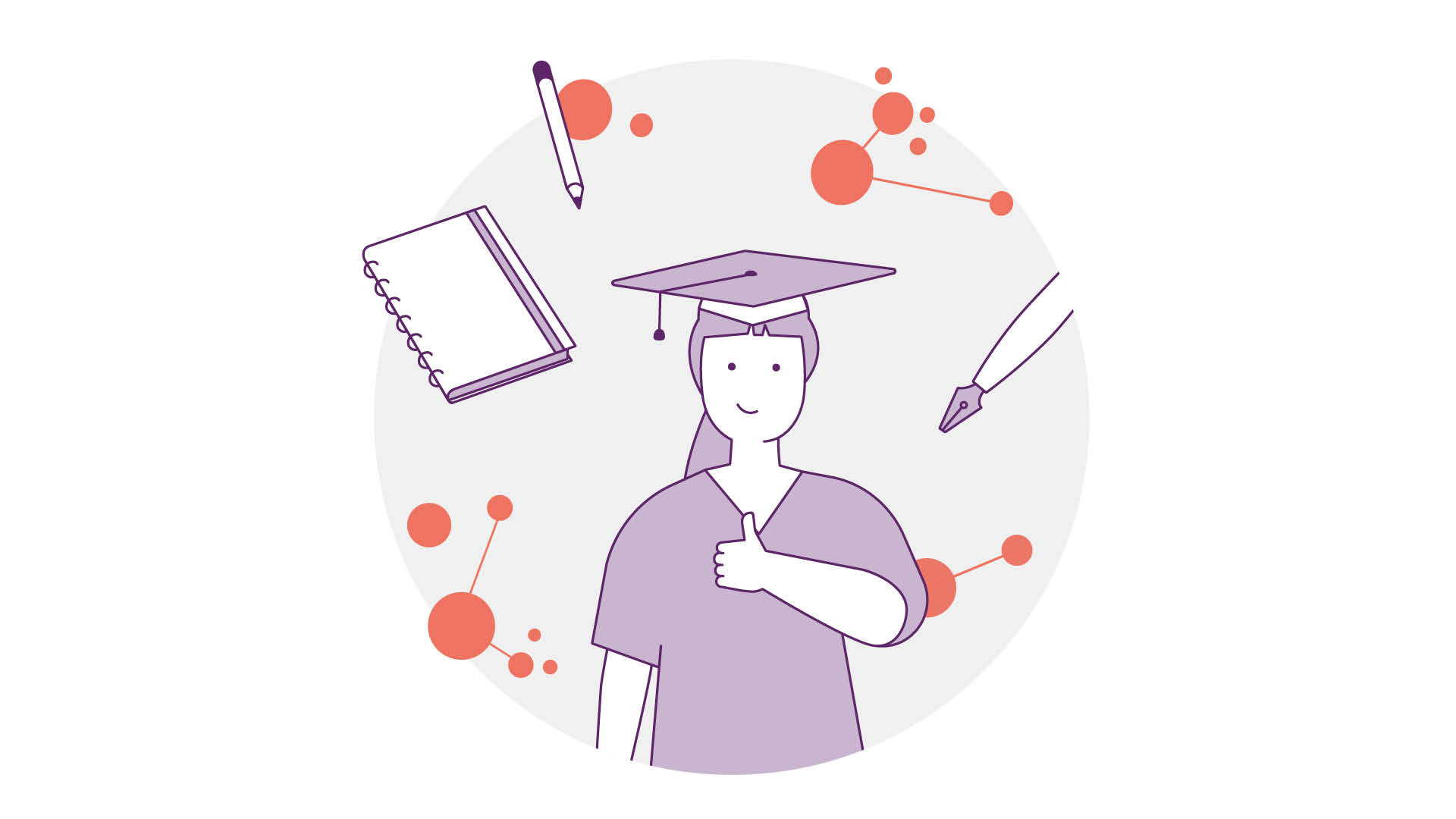 Abbildung einer Person mit Abschlussmütze, die den Daumen hochhält. Sie ist von einem Notizbuch, einem Stift und einem Bleistift umgeben. Im Hintergrund sind orange Kreis- und Linienmuster zu sehen, die Verbundenheit und Lernen symbolisieren.