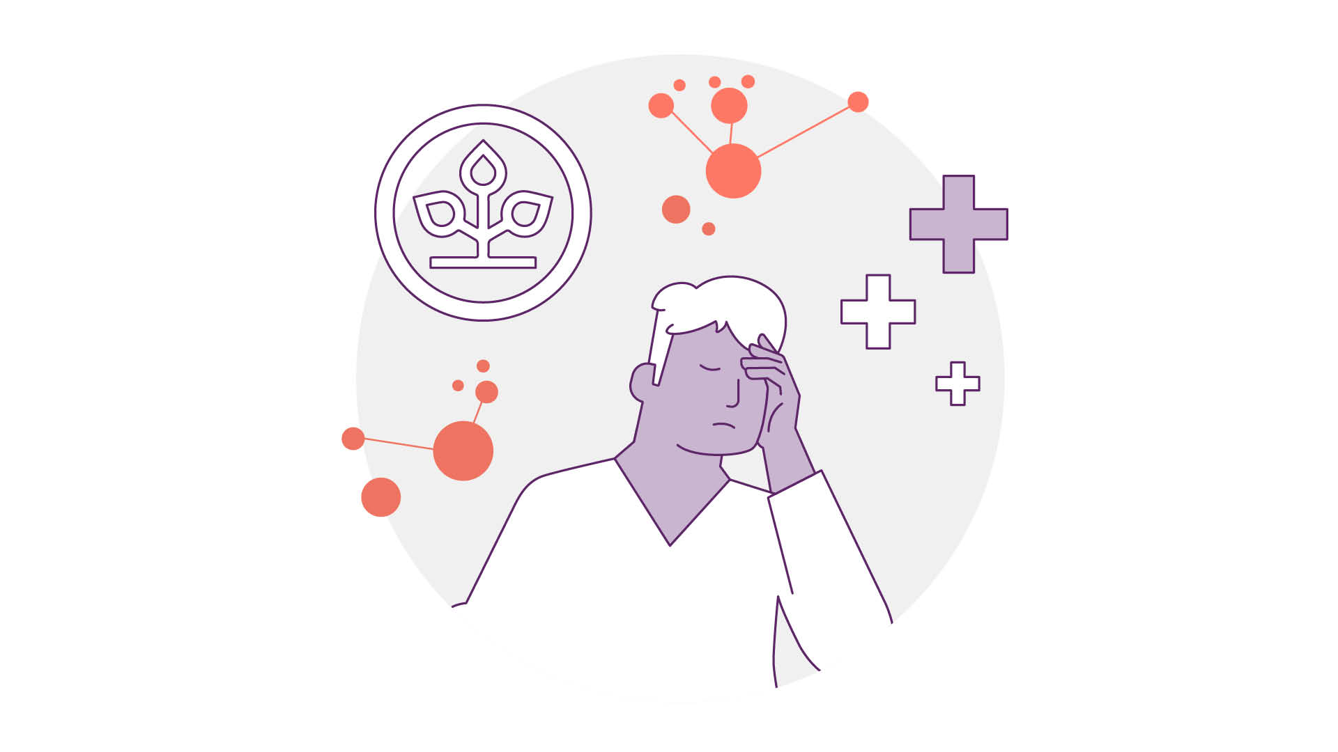 Abbildung einer Person, die ihren Kopf hält, umgeben von abstrakten Gesundheitssymbolen, darunter ein Pflanzensymbol, Molekülstrukturen und Pluszeichen. Die Szene suggeriert Gesundheits-, Wellness- oder medizinische Themen.