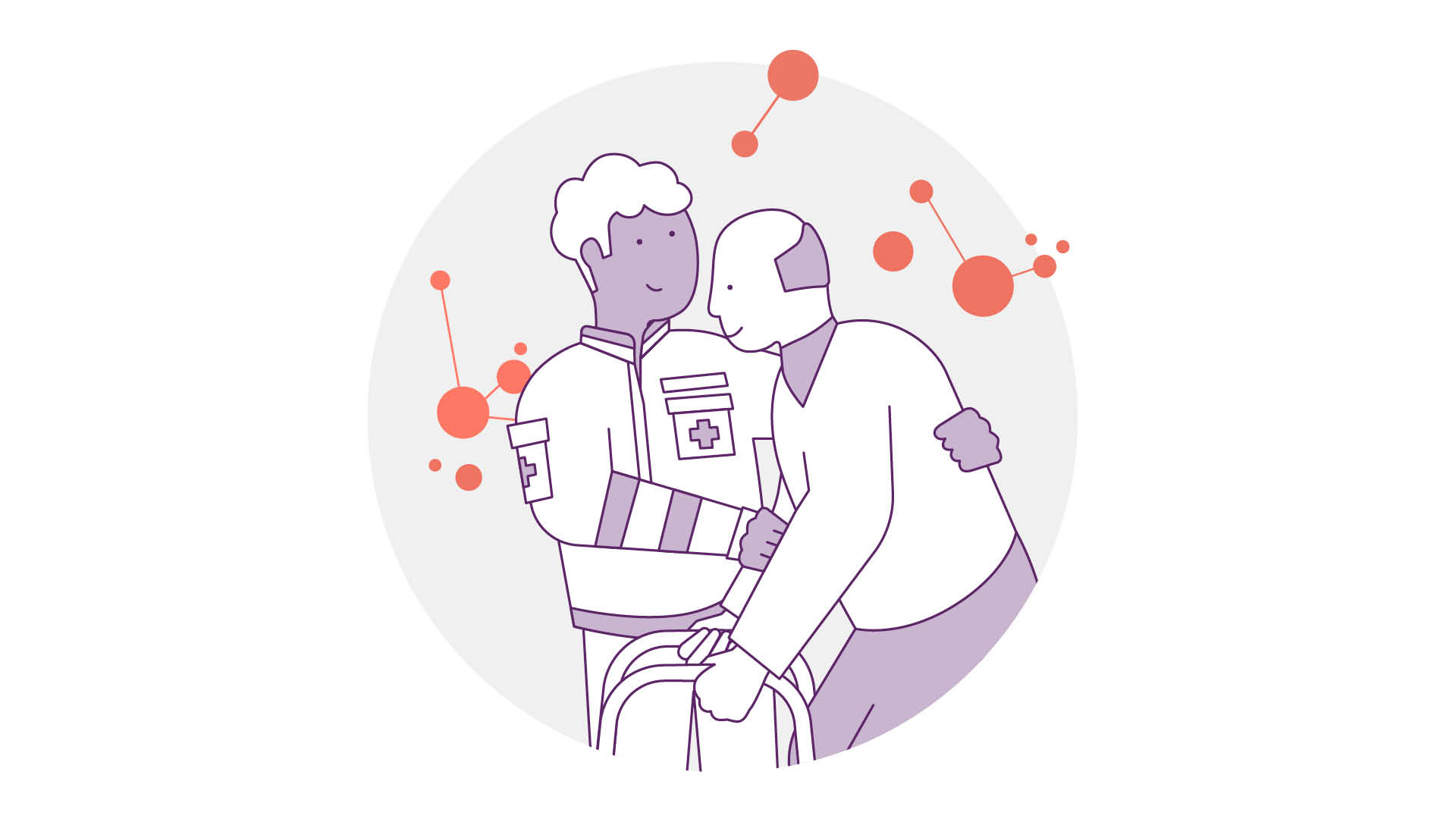 Illustration eines Mitarbeiters im Gesundheitswesen, der eine ältere Person umarmt. Der Mitarbeiter trägt eine Uniform mit einem medizinischen Kreuz und lächelt die ältere Person an, die einen Gehstock trägt. Der Hintergrund zeigt abstrakte orange Kreise und Linien.