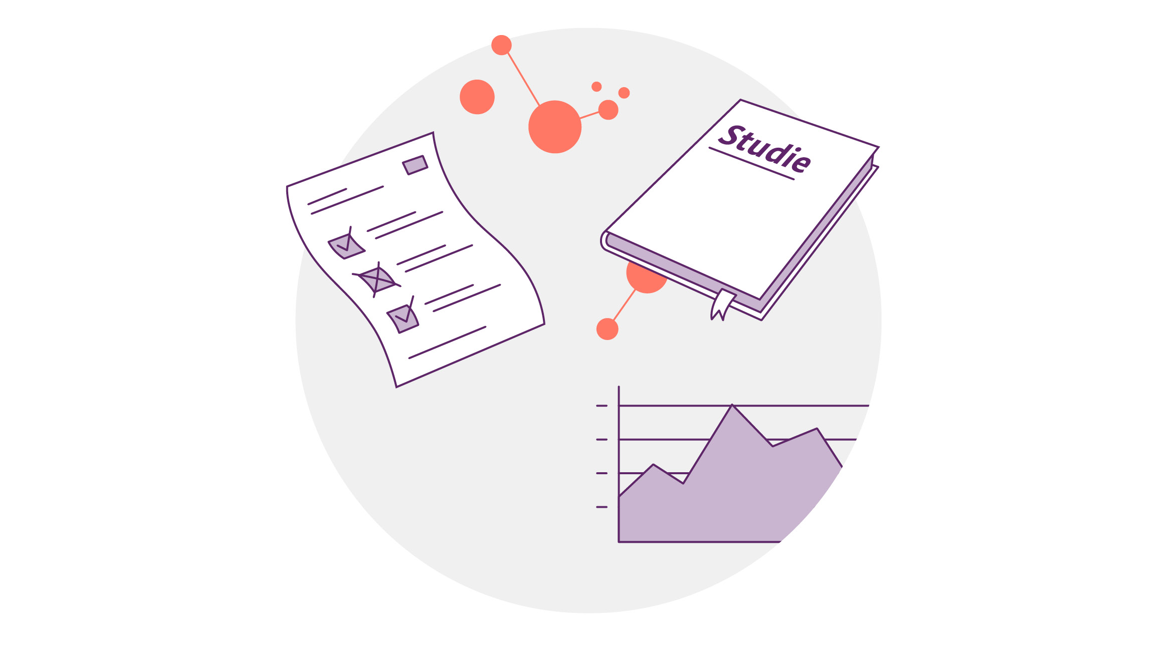 Abbildung eines Buches mit der Aufschrift „Studie“, einer Checkliste mit Kontrollkästchen und eines Liniendiagramms, angeordnet um durch Linien verbundene orangefarbene Kreise, alles innerhalb eines hellgrauen Kreises.