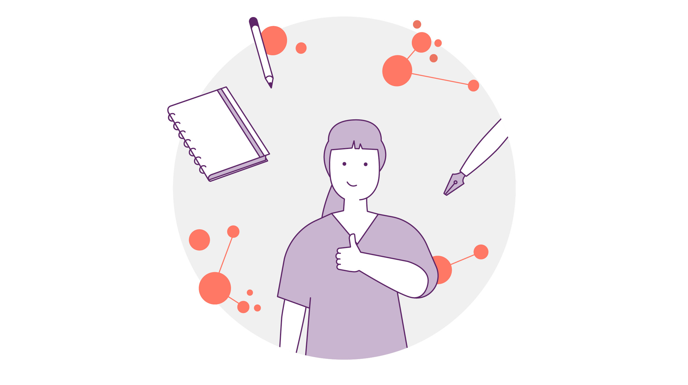 Abbildung einer Person mit Pferdeschwanz, die einen Daumen hochhält. Um sie herum sind ein Notizbuch, ein Stift und abstrakte Kreise und Linien, die Themen wie Schreiben und Ideen vermitteln.