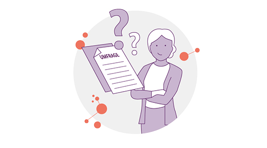 Illustration einer Person, die ein Dokument mit der Aufschrift „Umfrage“ und einem Fragezeichen darüber hält. Die Person sieht nachdenklich aus. Der Hintergrund besteht aus abstrakten Kreisen und Punkten in Orange- und Grautönen.